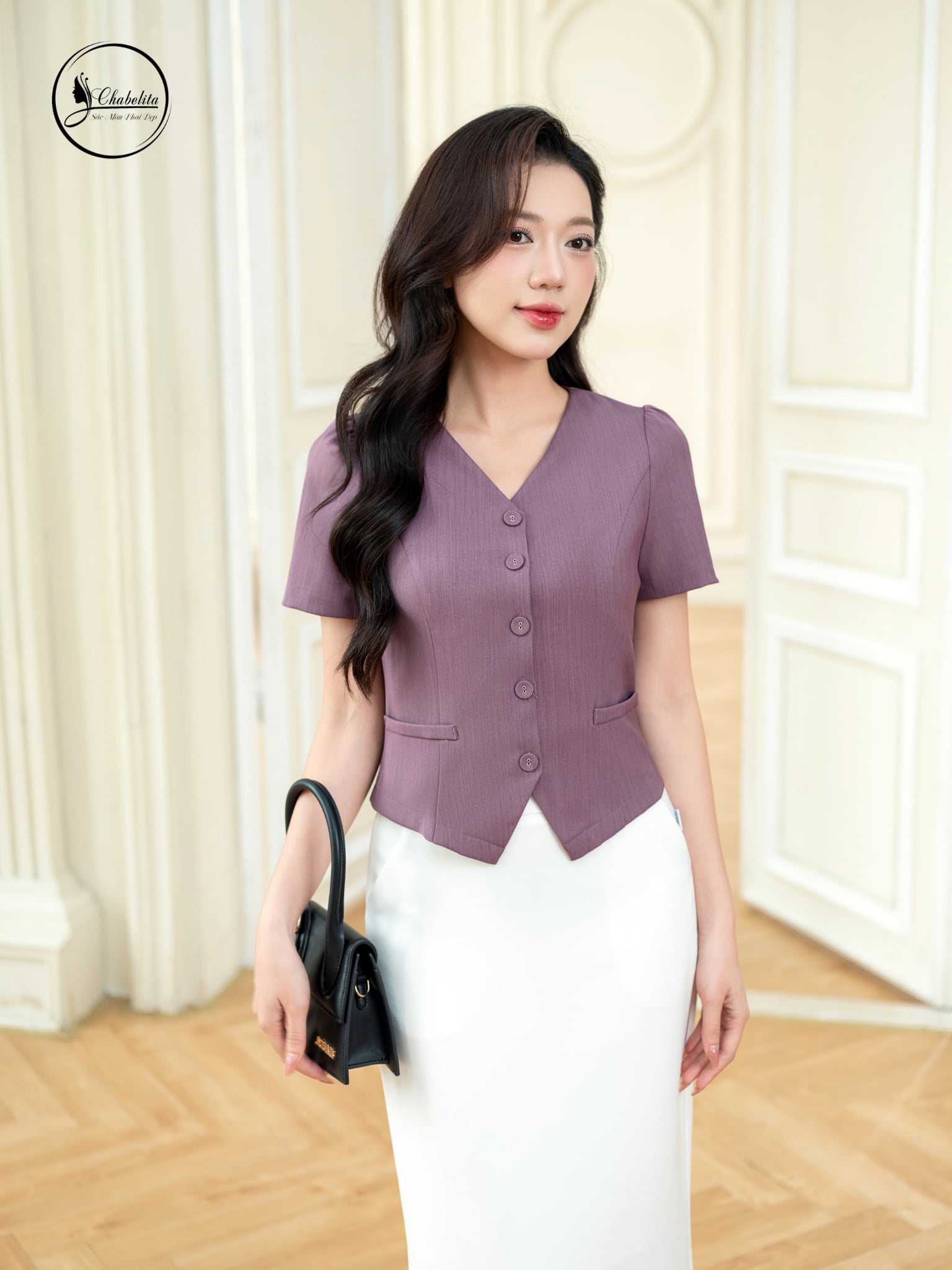 Áo sơ mi cổ tim màu tím