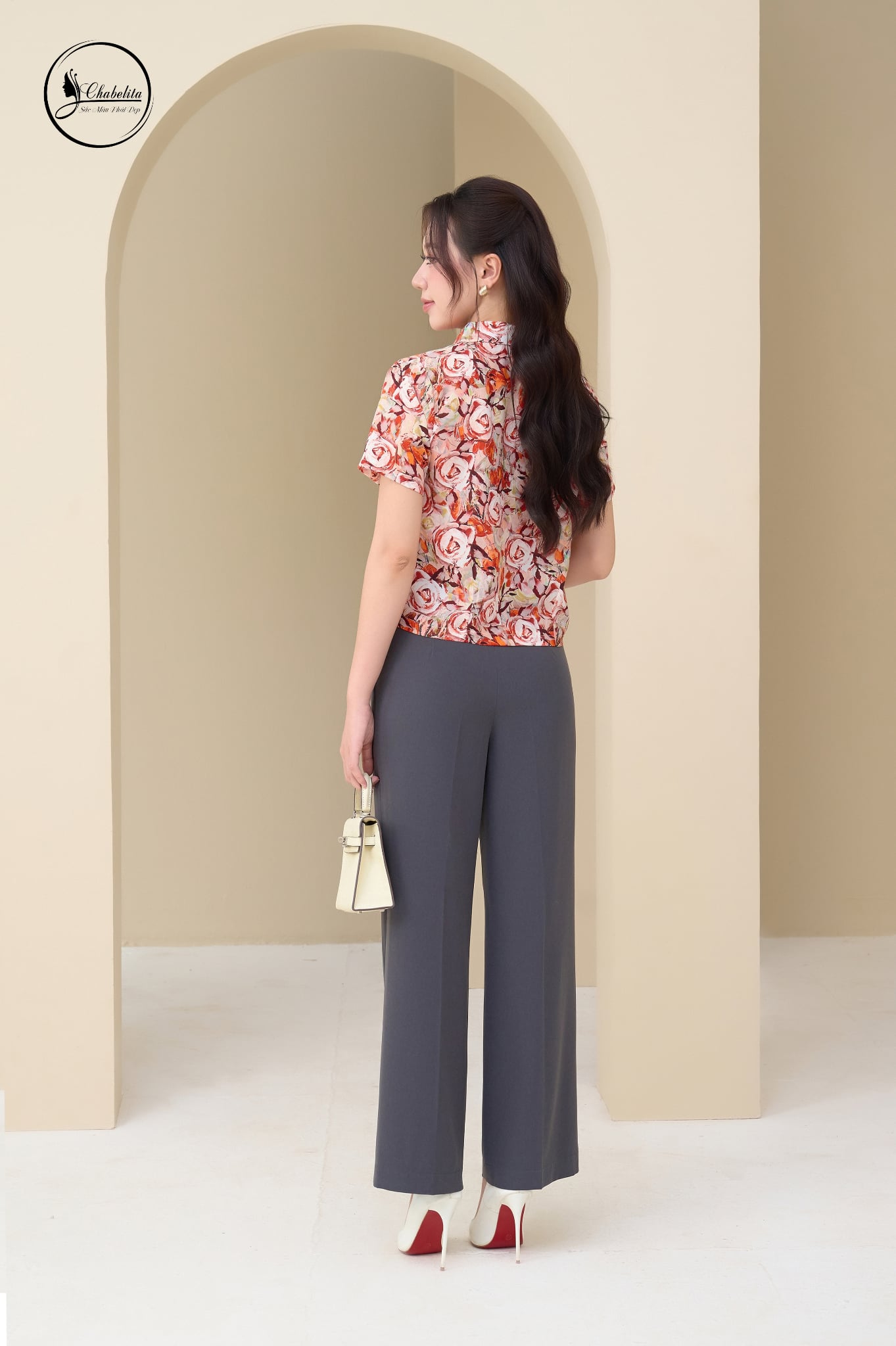 Quần suông khơi cạp màu ghi