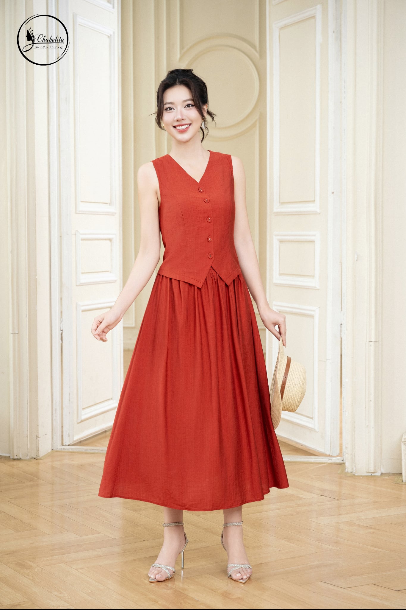 Sét bộ áo sát nách cổ tim phối chân váy màu cam