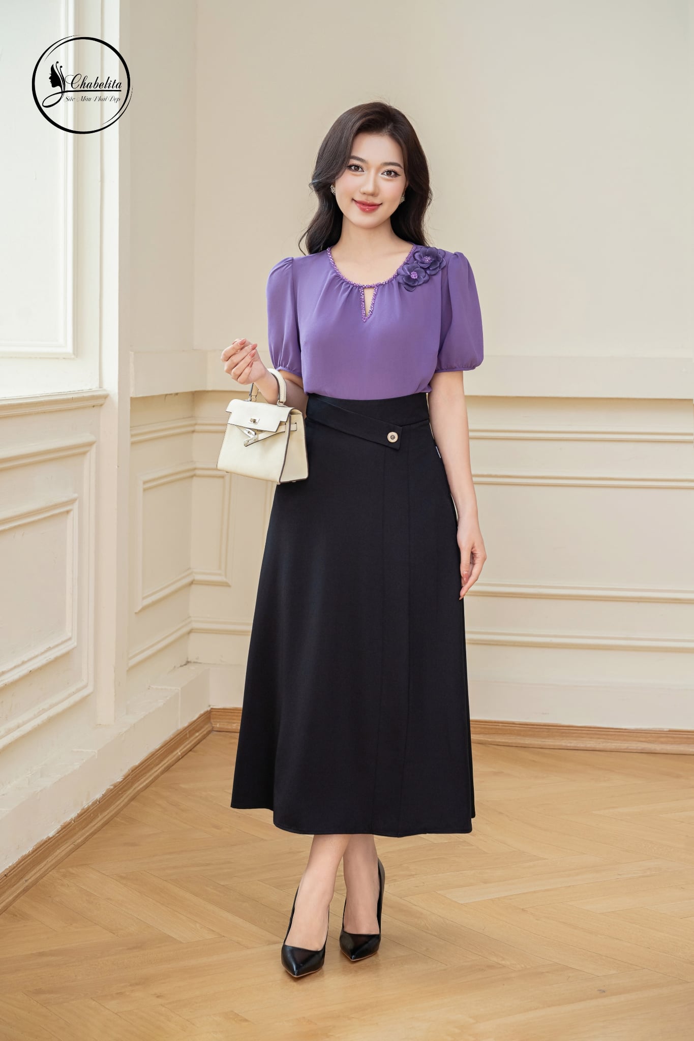 Áo sơ mi cổ tròn đính đá màu tím