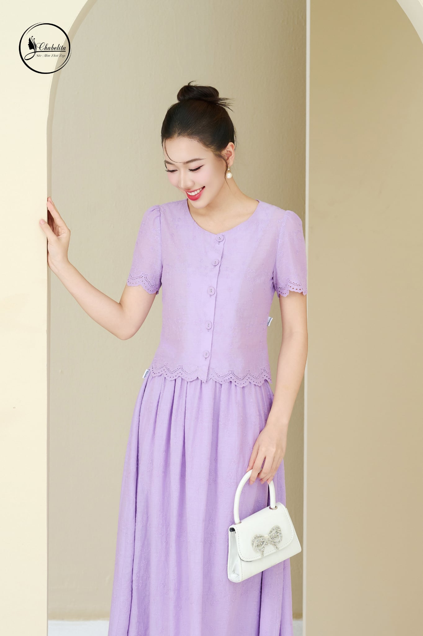 Sét bộ ren áo phối chân xòe màu tím