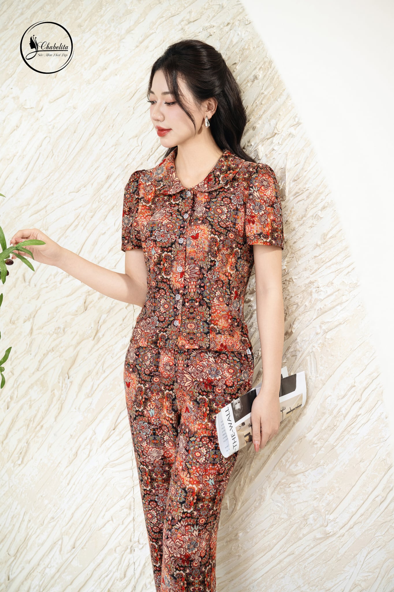 Sét bộ lụa rối áo sơ mi cổ sen phối quần