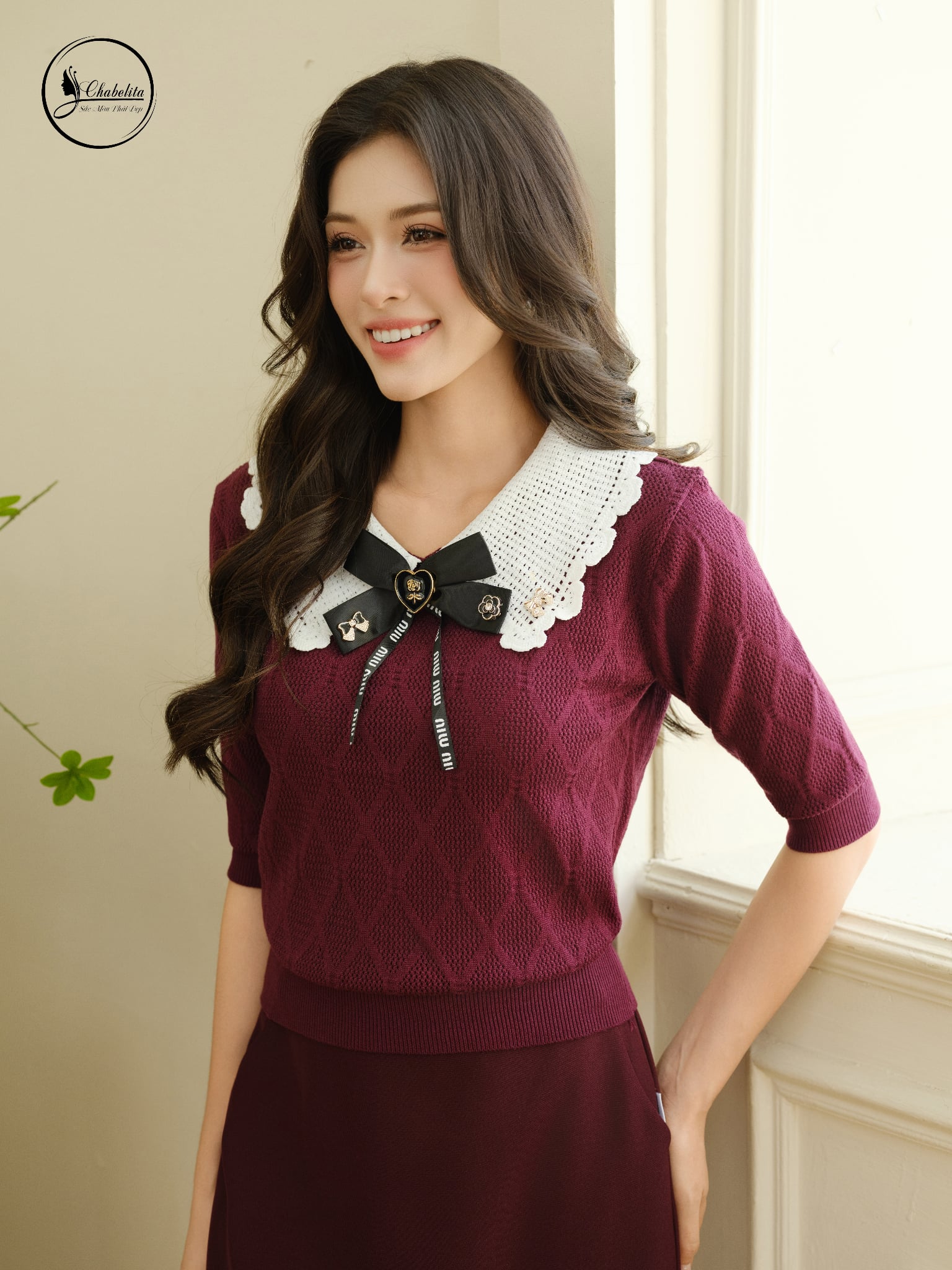 Áo len phối cổ màu tím