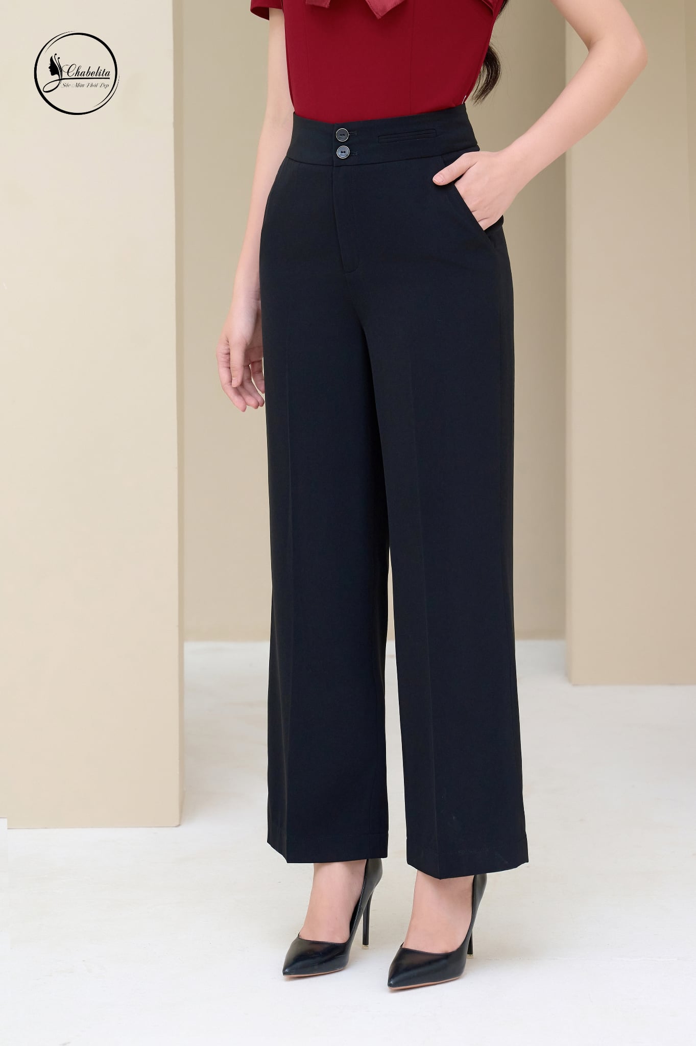 Quần suông khơi cạp màu đen