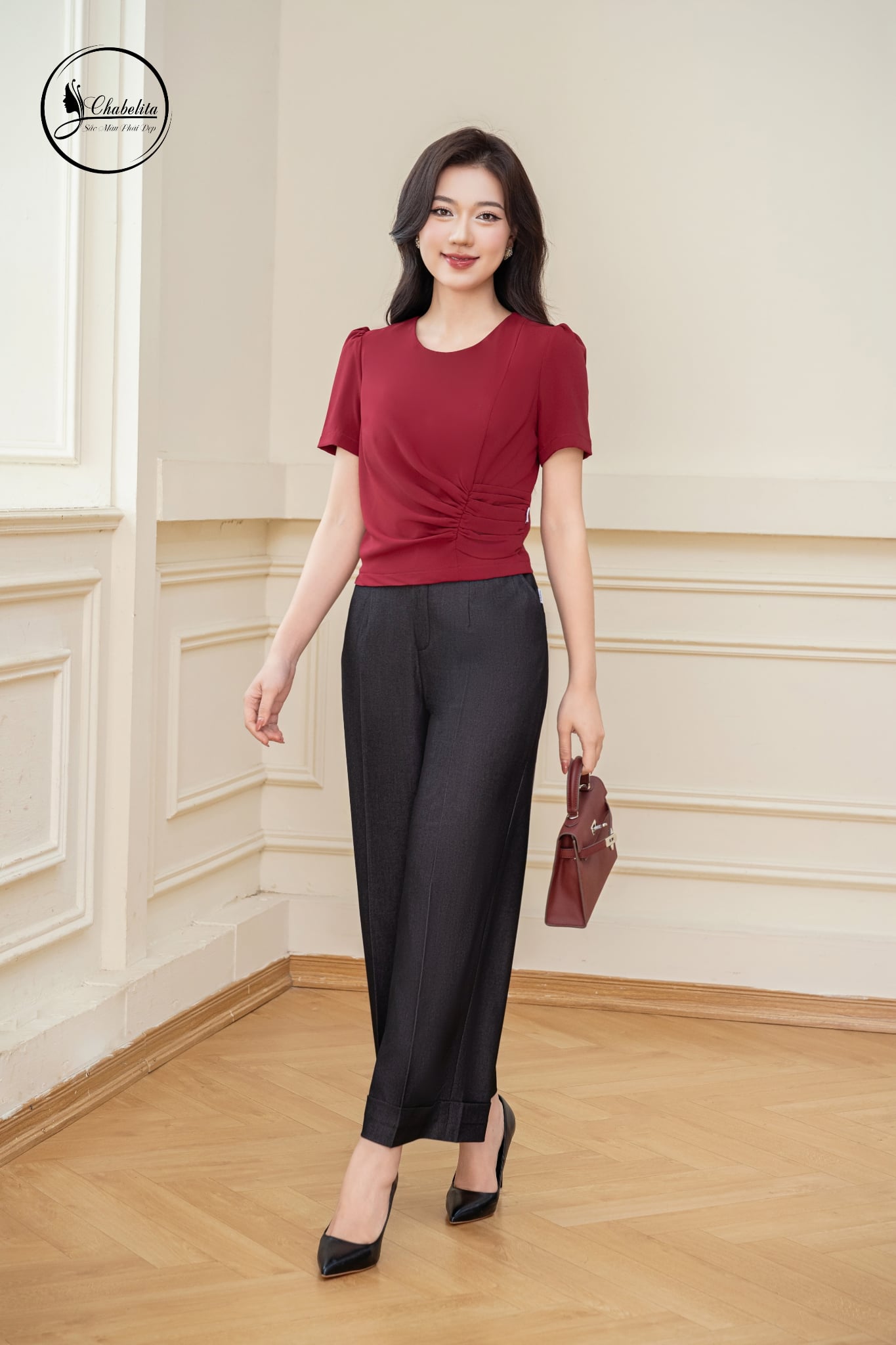 Áo sơ mi rúm eo màu đỏ