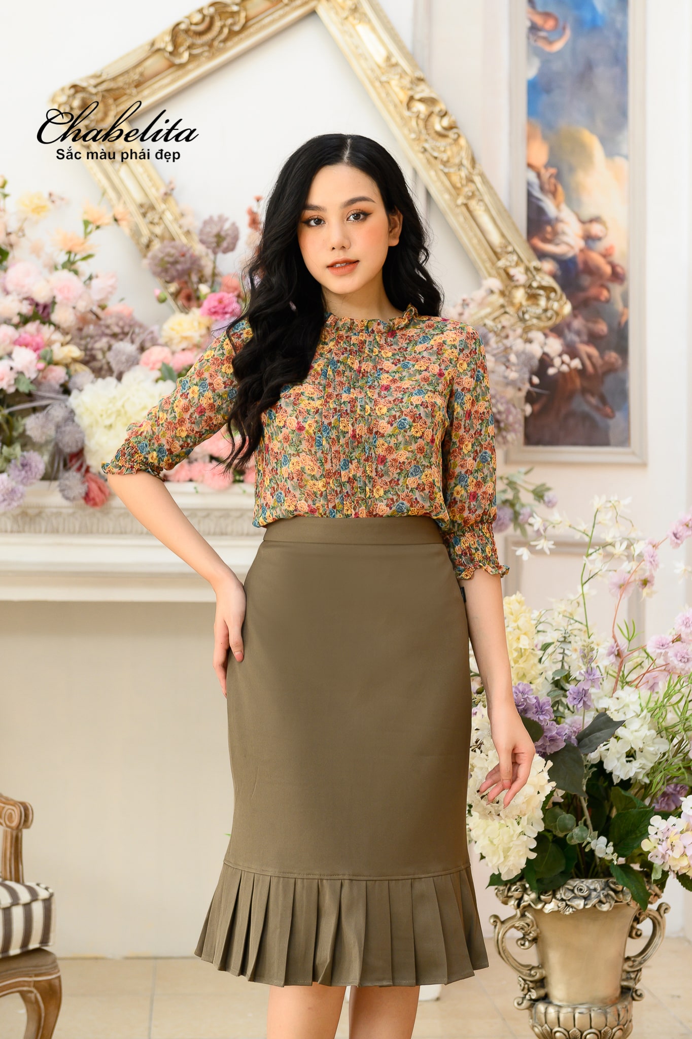 Áo sơ mi hoa bèo cổ tàu màu vàng cam