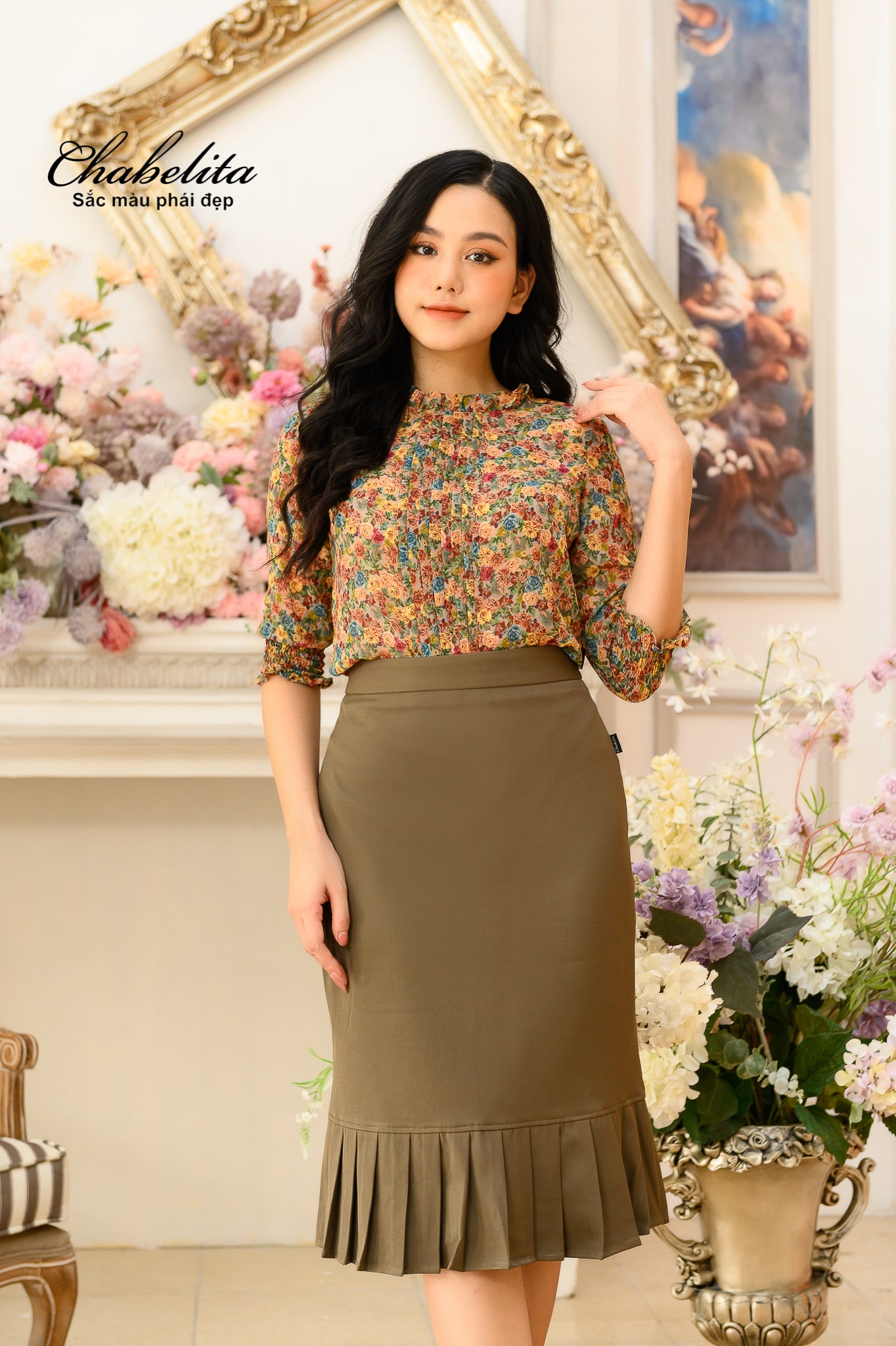 Áo sơ mi hoa bèo cổ tàu màu vàng cam