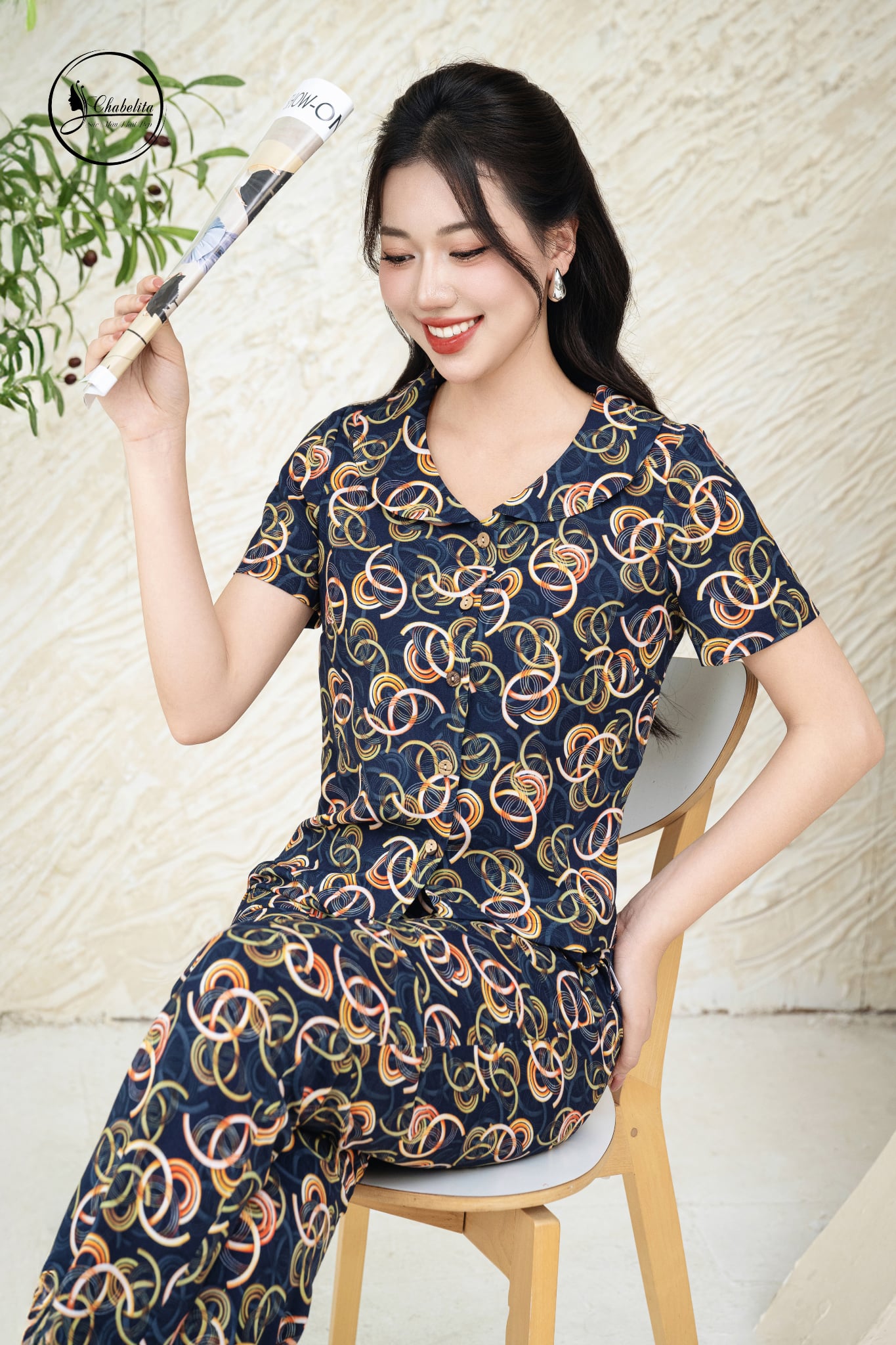 Sét bộ họa tiết áo tay lỡ cổ sen màu xanh