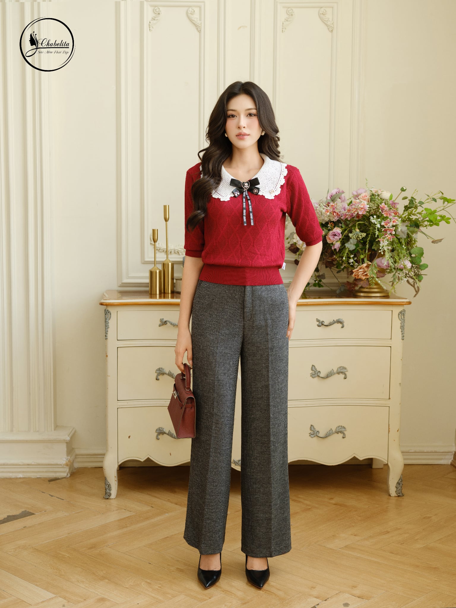 Áo len phối cổ màu đỏ