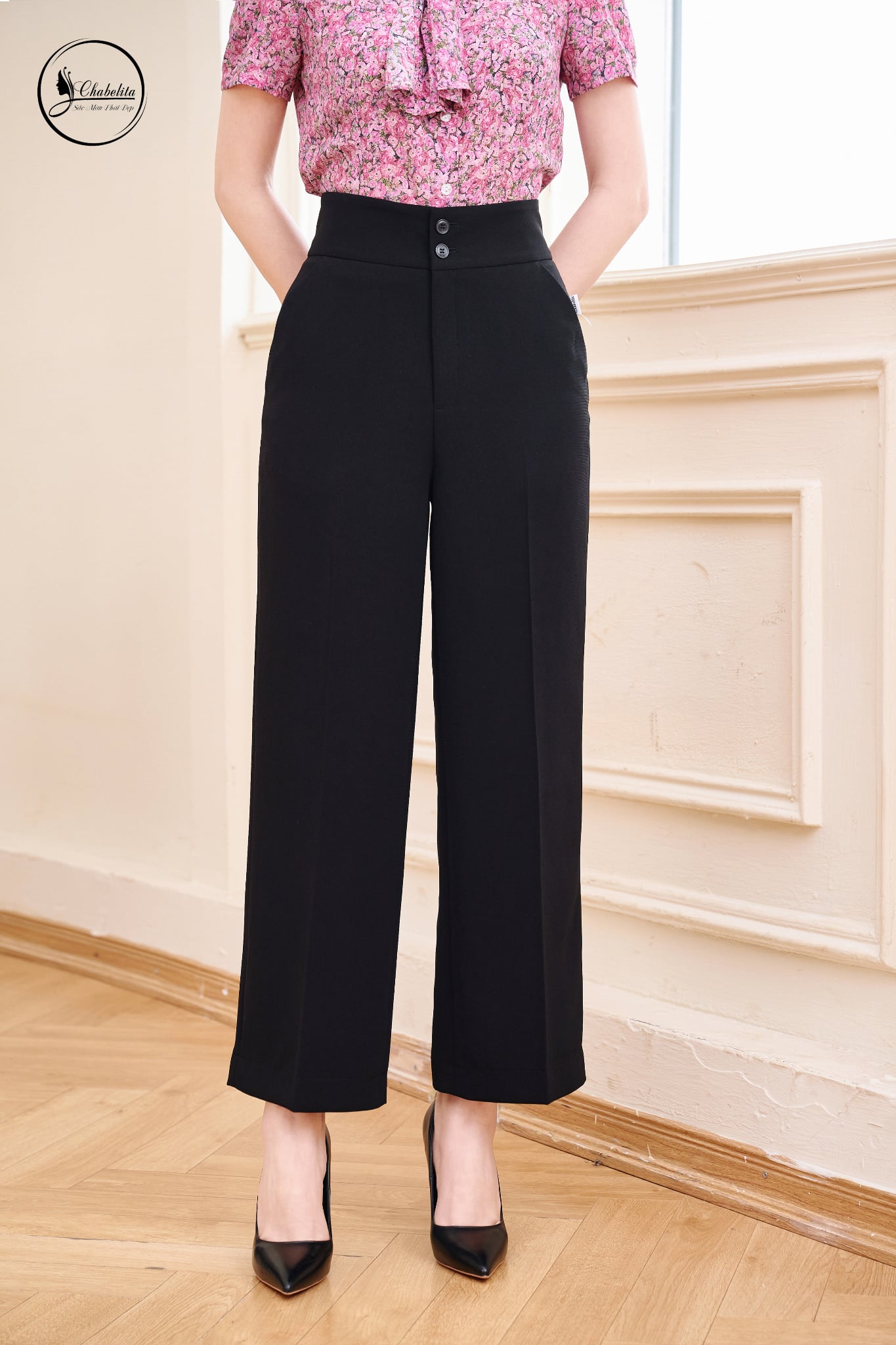 Quần suông cạp cách điệu màu đen