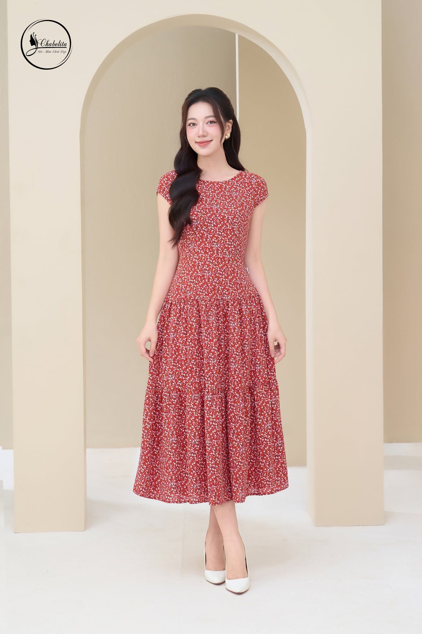 Đầm hoa nhí 3 tầng sát nách màu đỏ