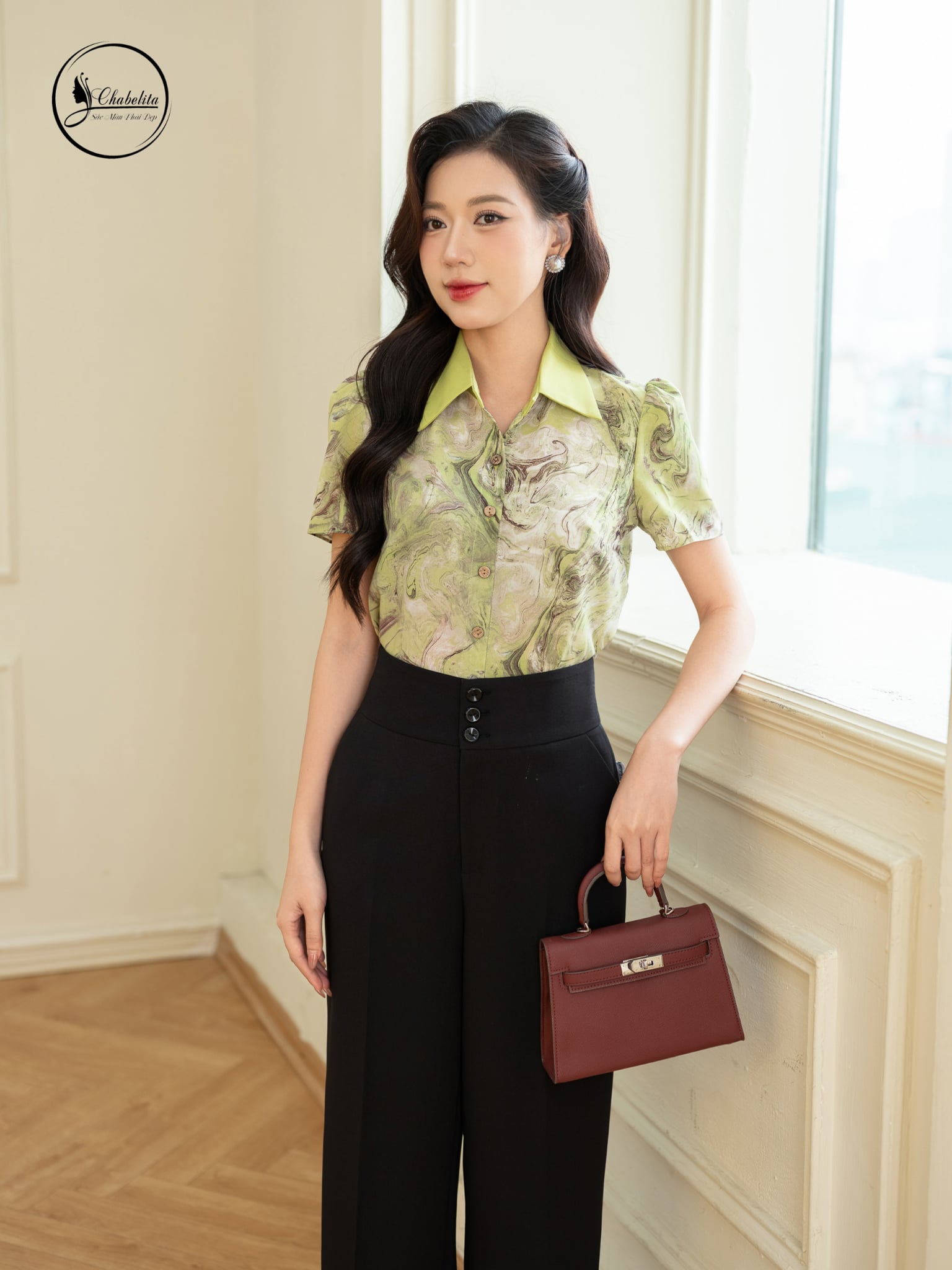 Áo sơ mi họa tiết cổ đức màu cốm