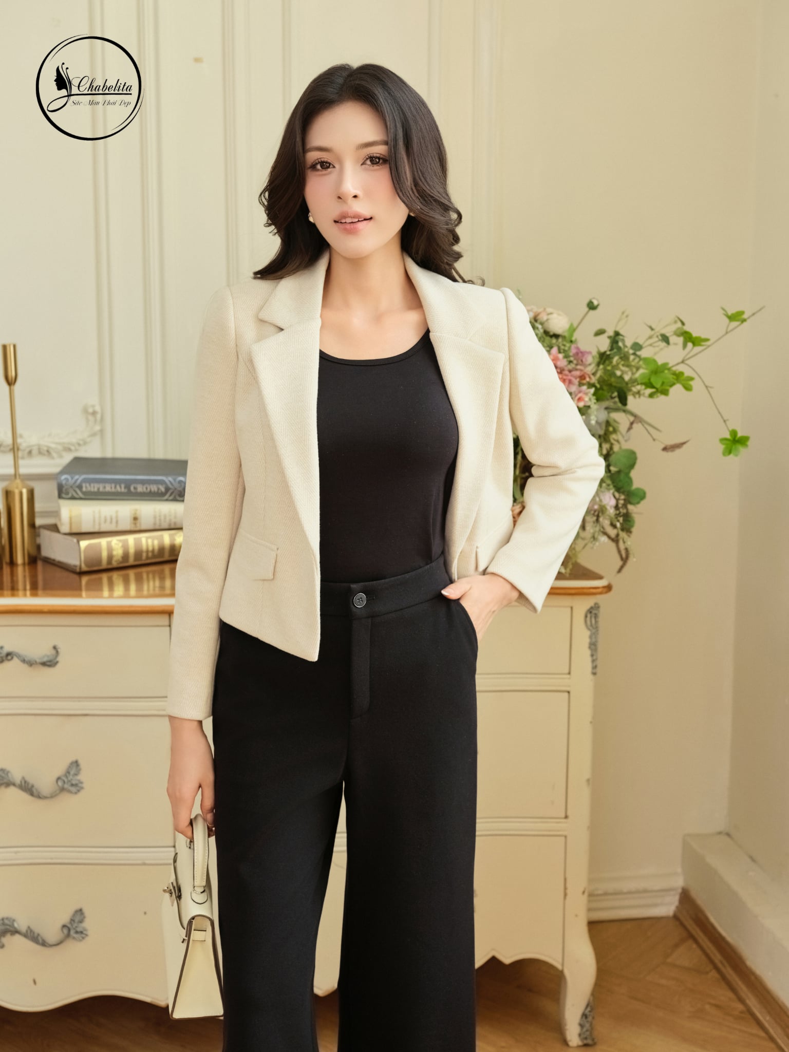 Áo vest dài tay 1 khuy màu be