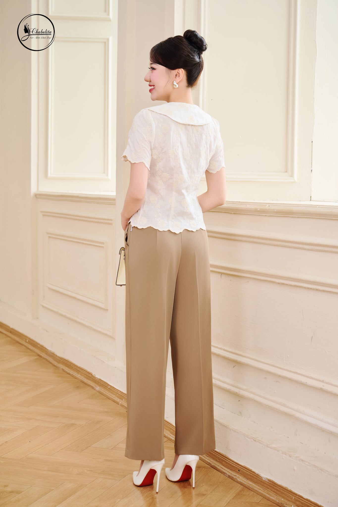 Quần suông cạp cách điệu màu nâu