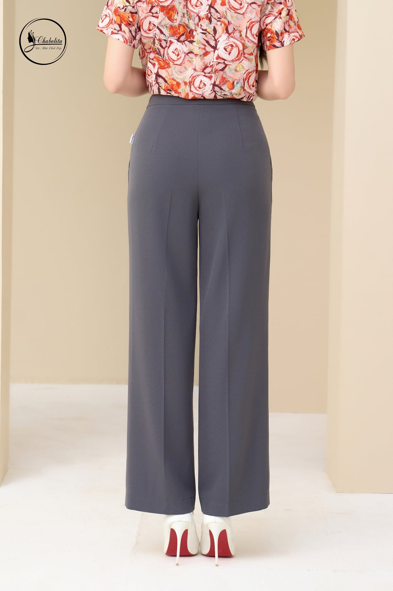 Quần suông khơi cạp màu ghi