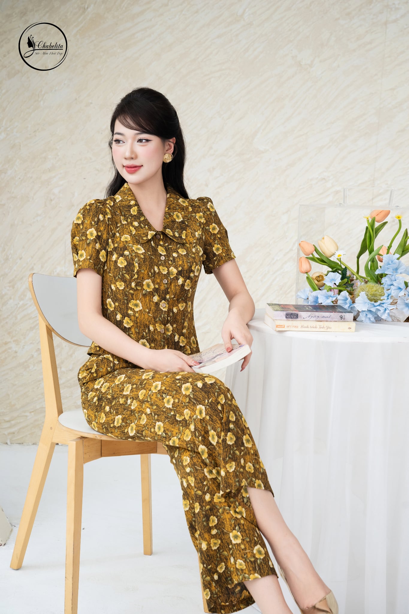 Sét bộ áo tay lỡ cổ sen hoa vàng