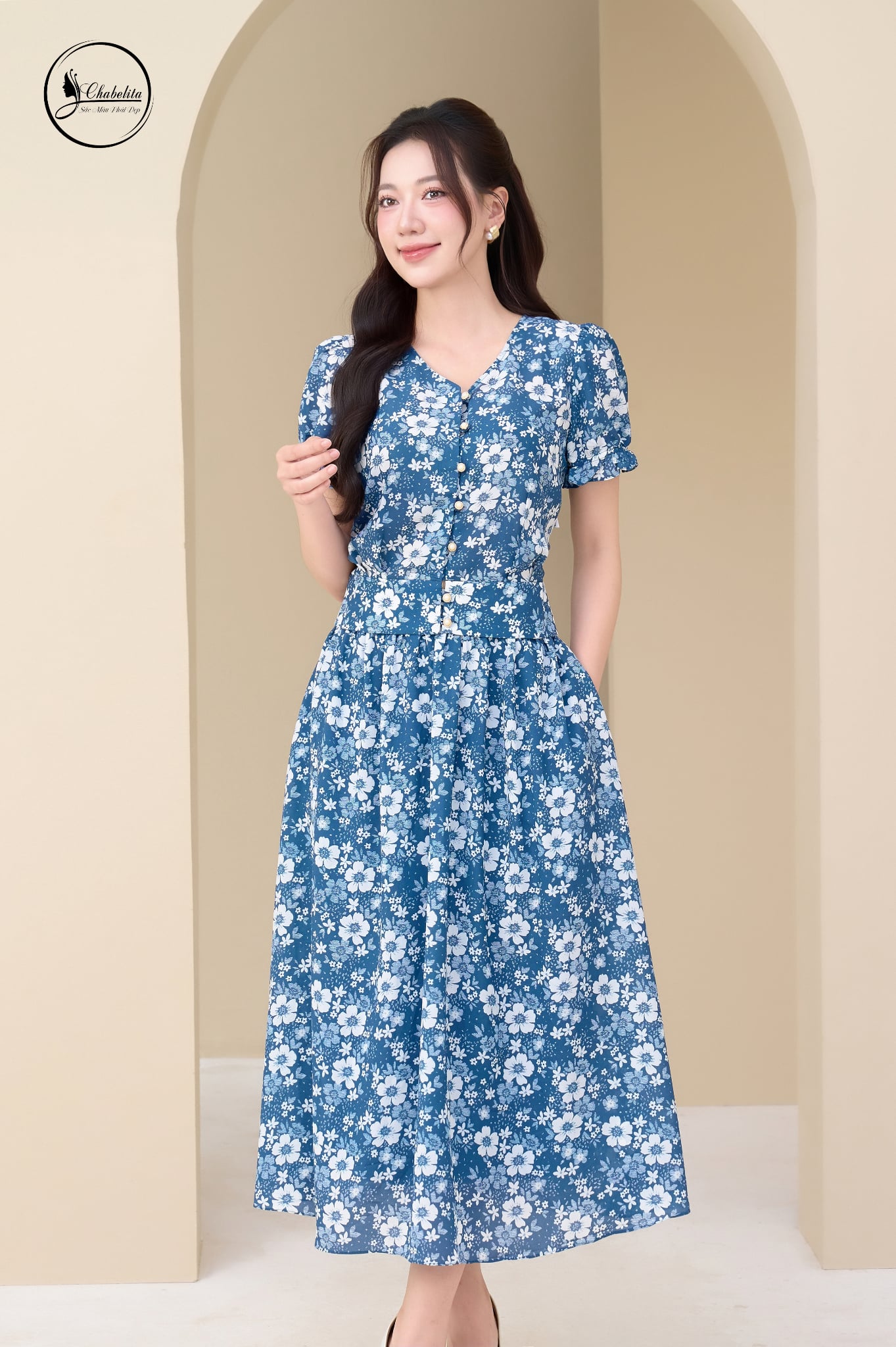 Sét bộ hoa sơ mi crotop phối chân váy màu xanh