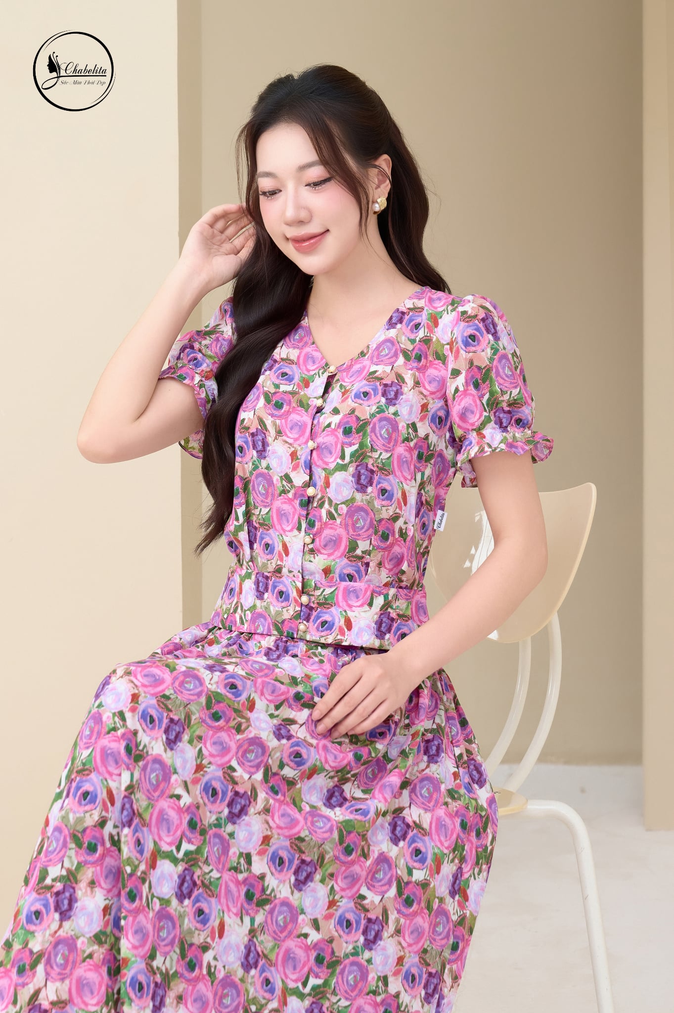 Sét bộ hoa sơ mi crotop phối chân váy màu tím