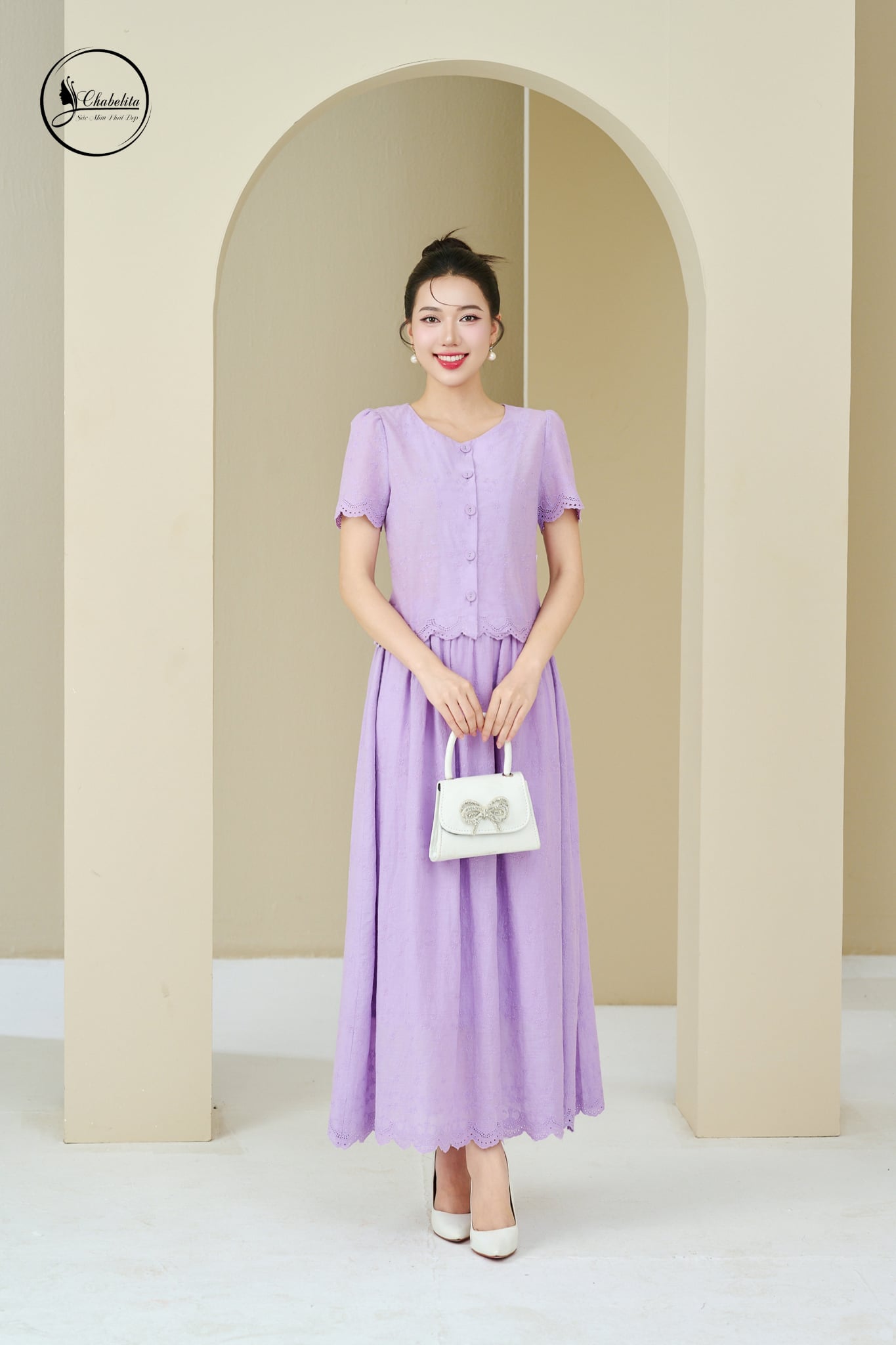 Sét bộ ren áo phối chân xòe màu tím