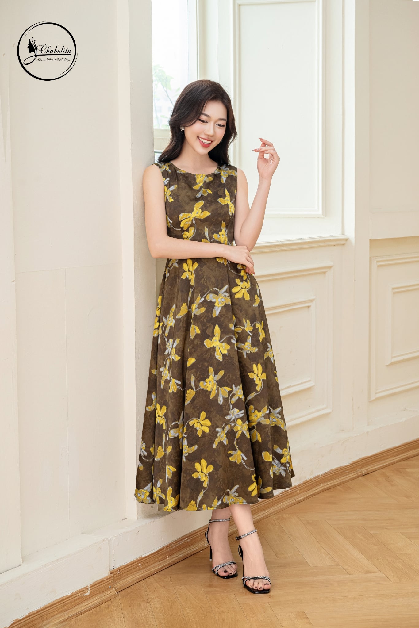 Đầm xòe sát nách màu vàng rêu