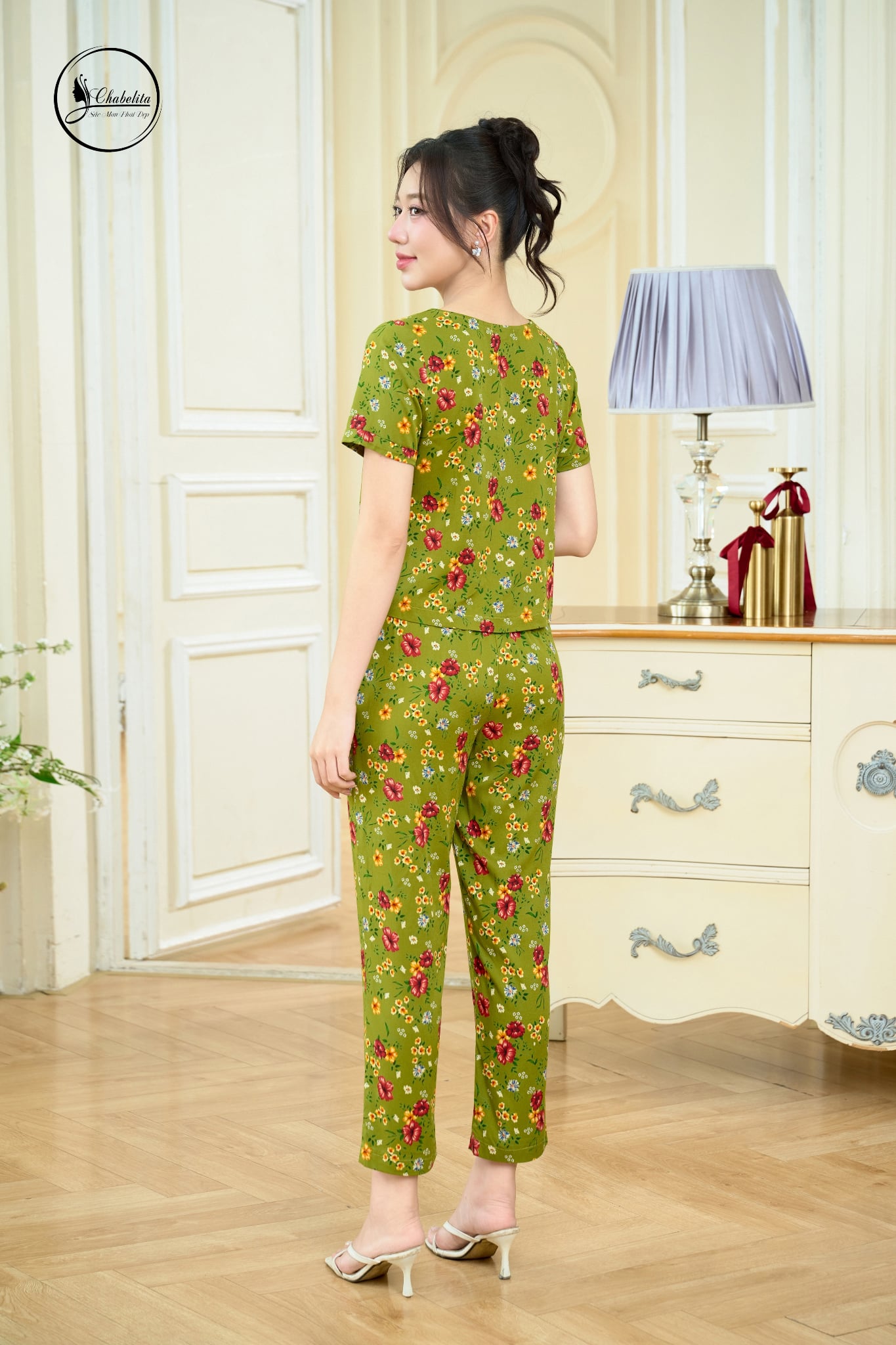 Sét bộ áo cộc tay cổ tròn hoa cốm