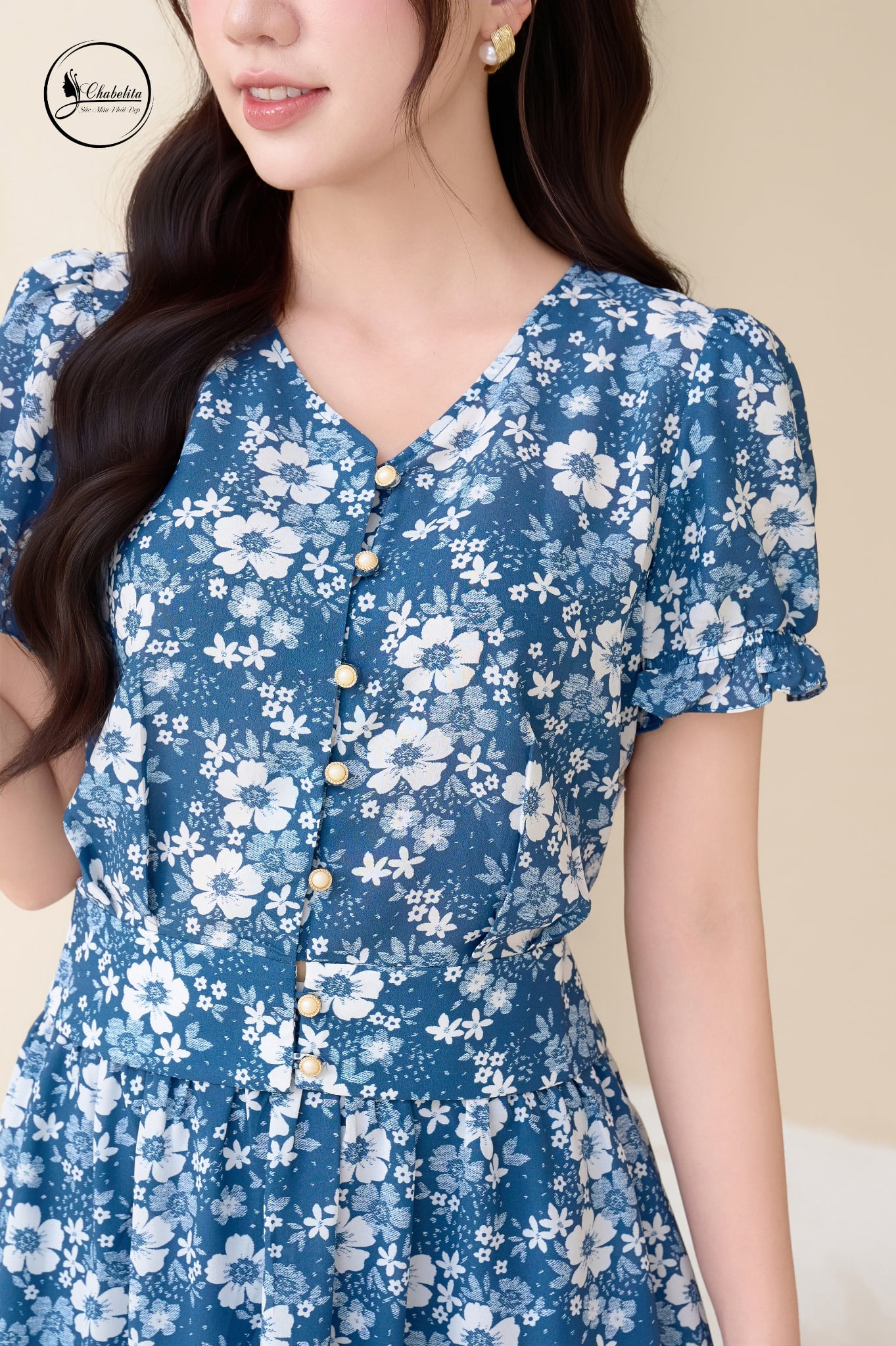 Sét bộ hoa sơ mi crotop phối chân váy màu xanh