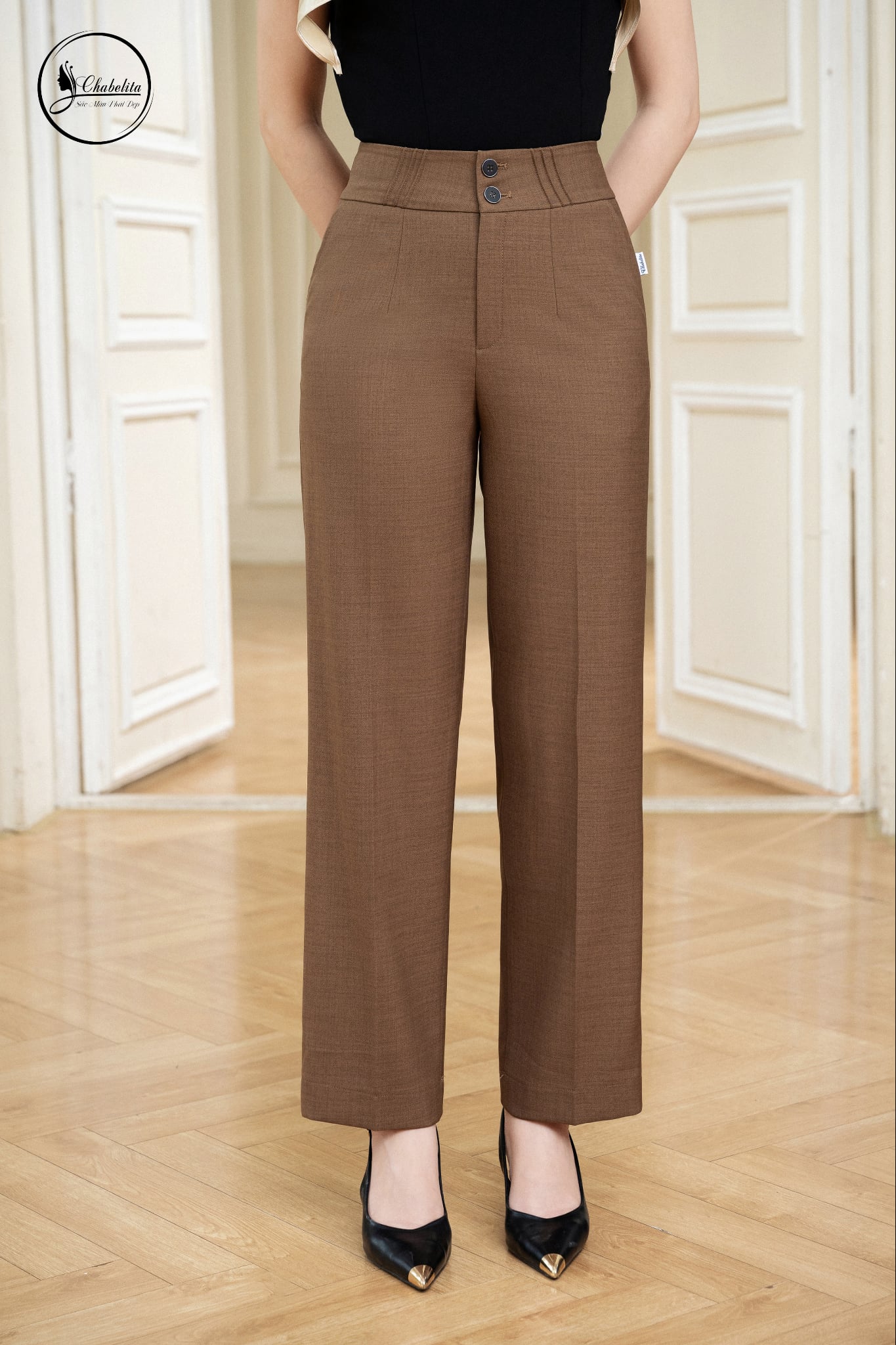 Quần ống đứng cạp 6 phân màu nâu