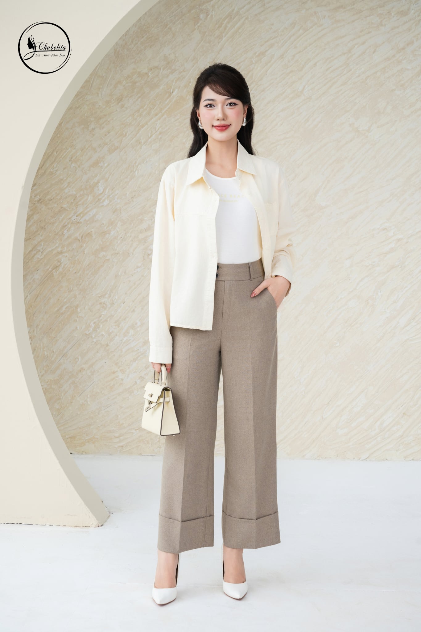 Quần suông gấu 10 phân màu nâu