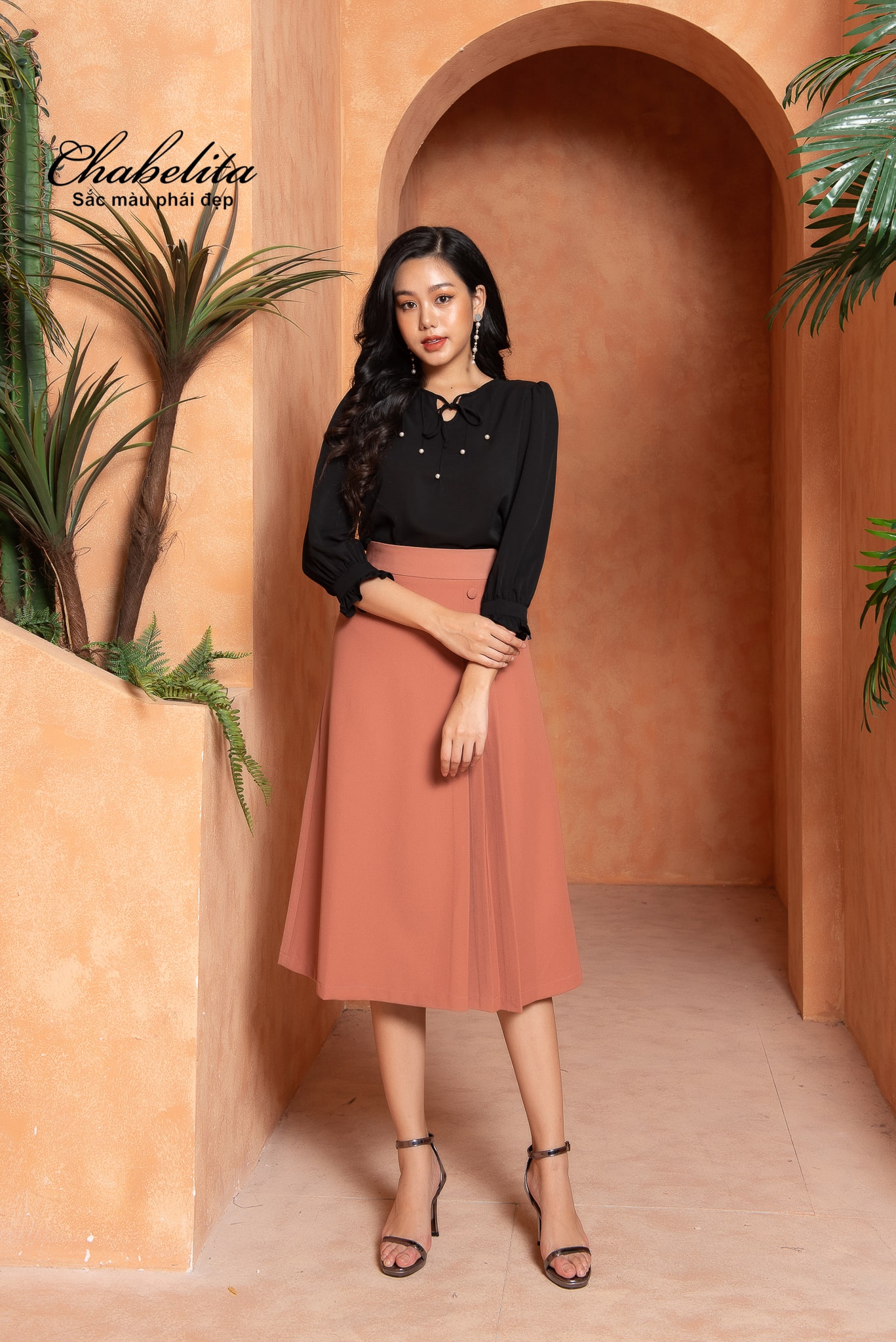 Chân váy ly 3 khuy màu hồng