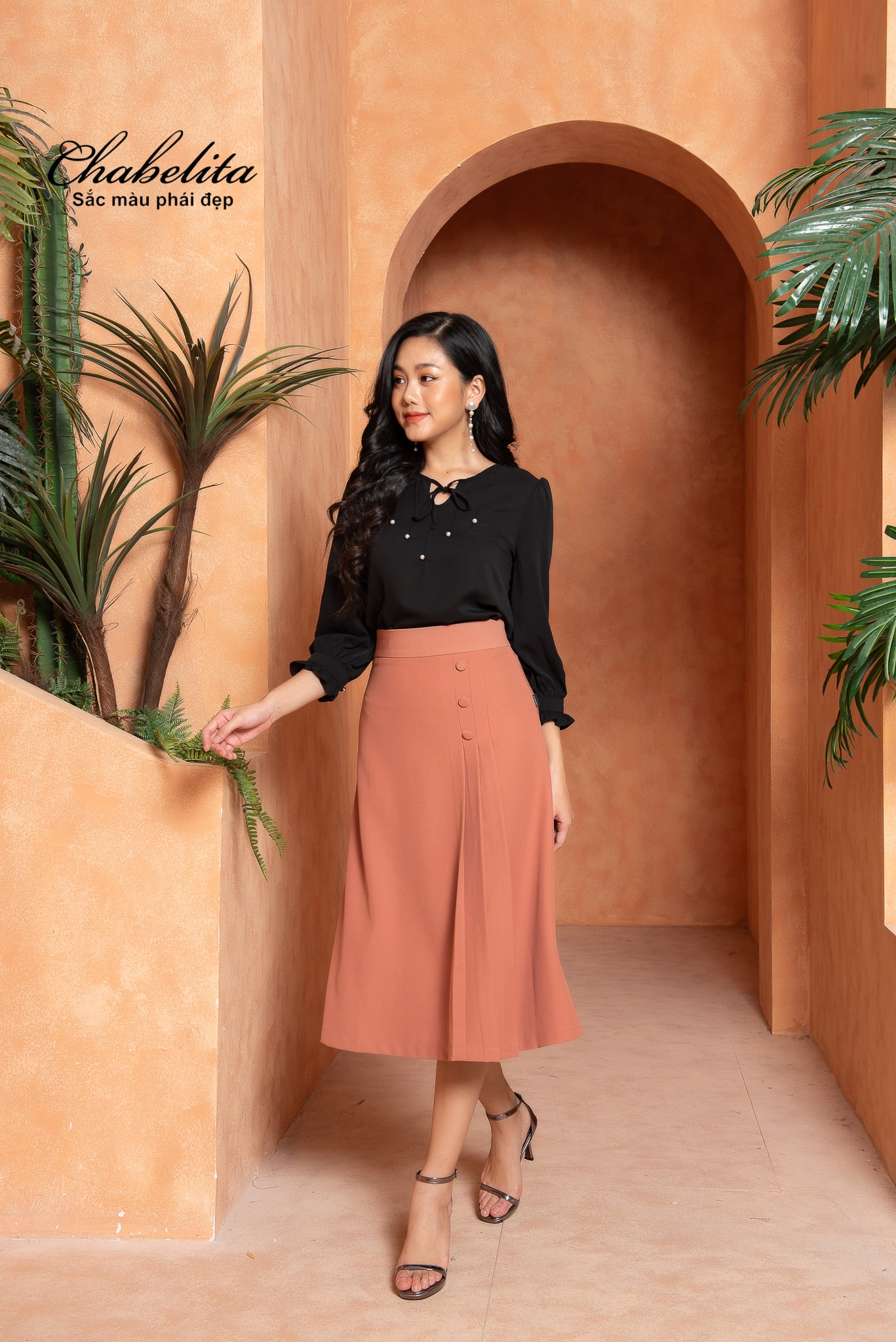 Chân váy ly 3 khuy màu hồng