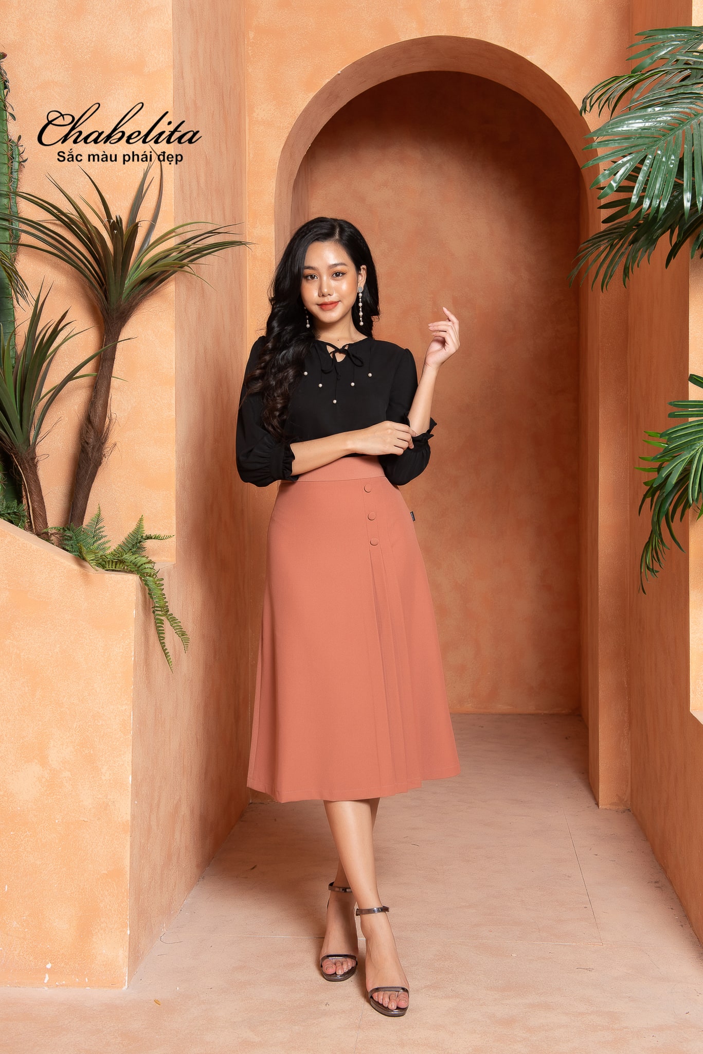 Chân váy ly 3 khuy màu hồng