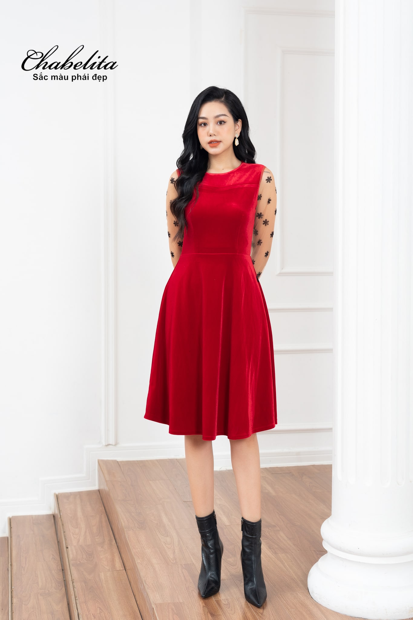 Đầm nhung A phối tay màu đỏ