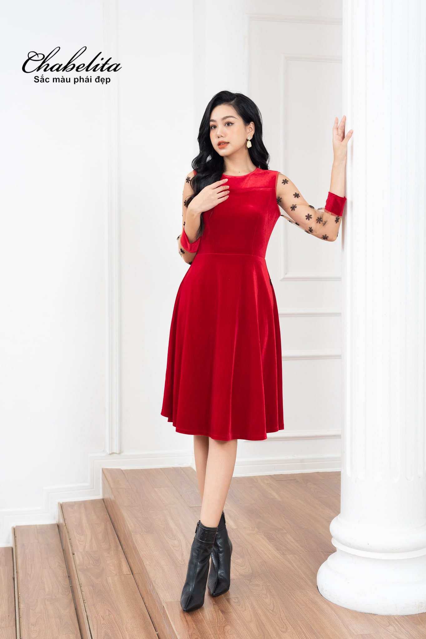 Đầm nhung A phối tay màu đỏ