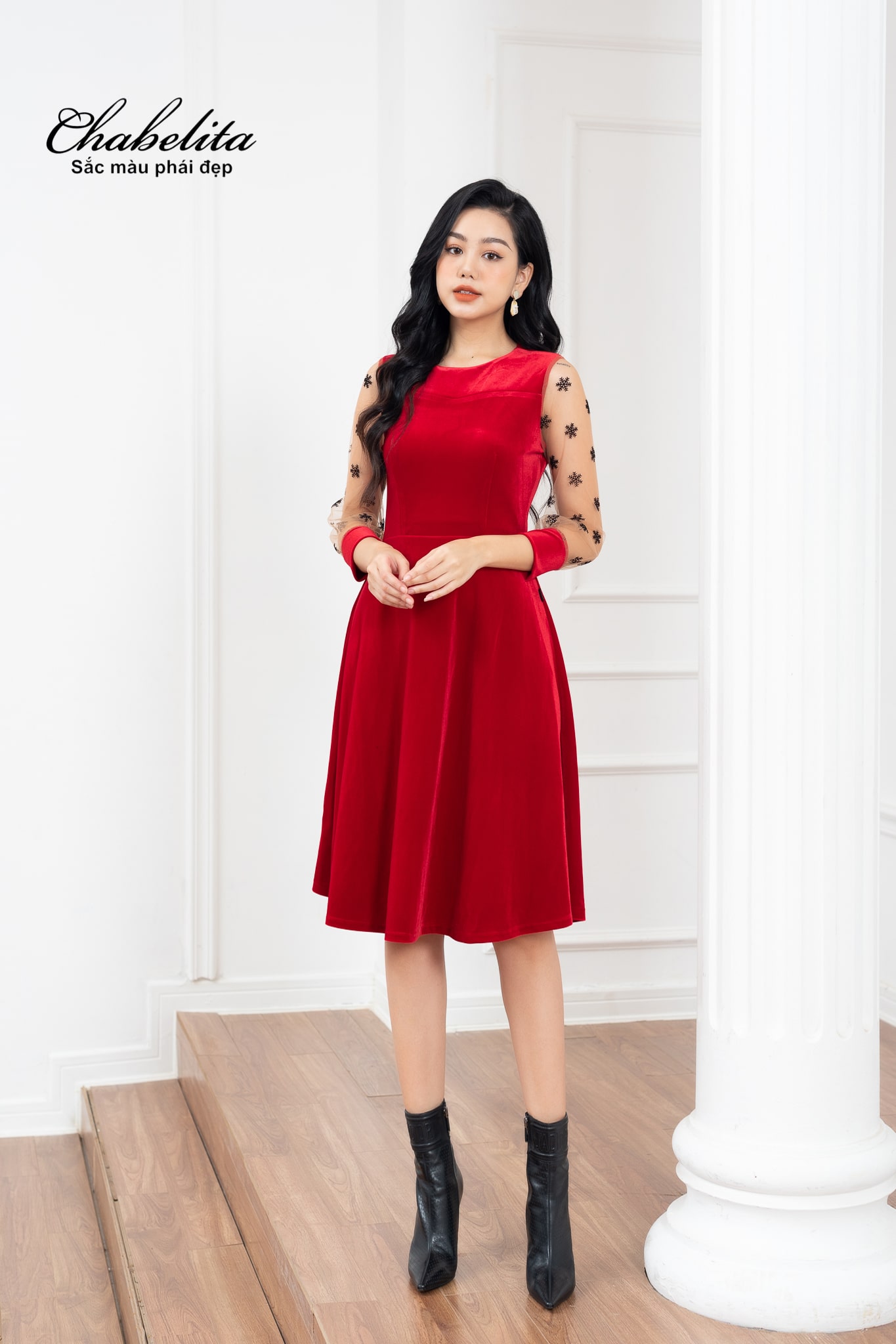 Đầm nhung A phối tay màu đỏ