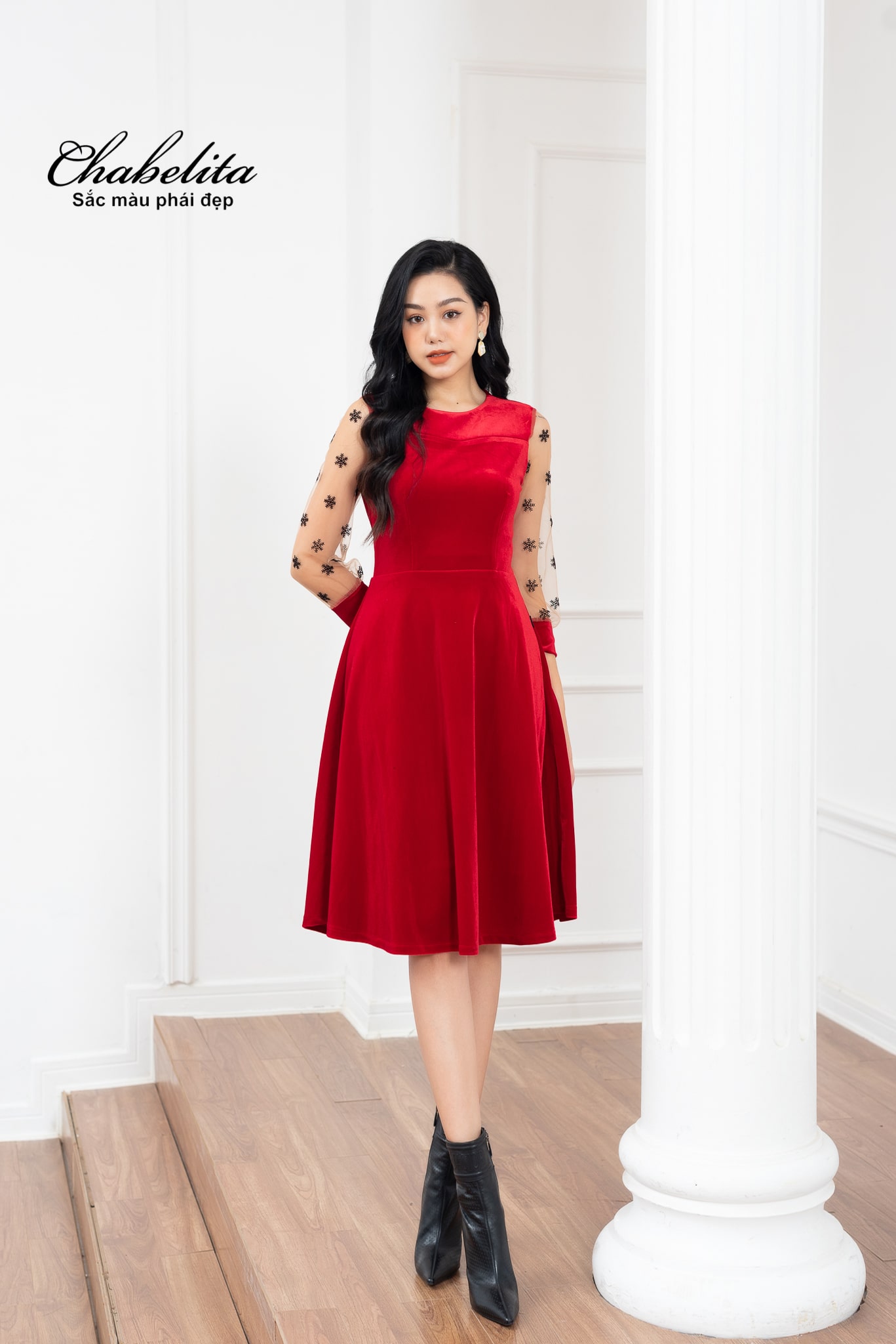 Đầm nhung A phối tay màu đỏ