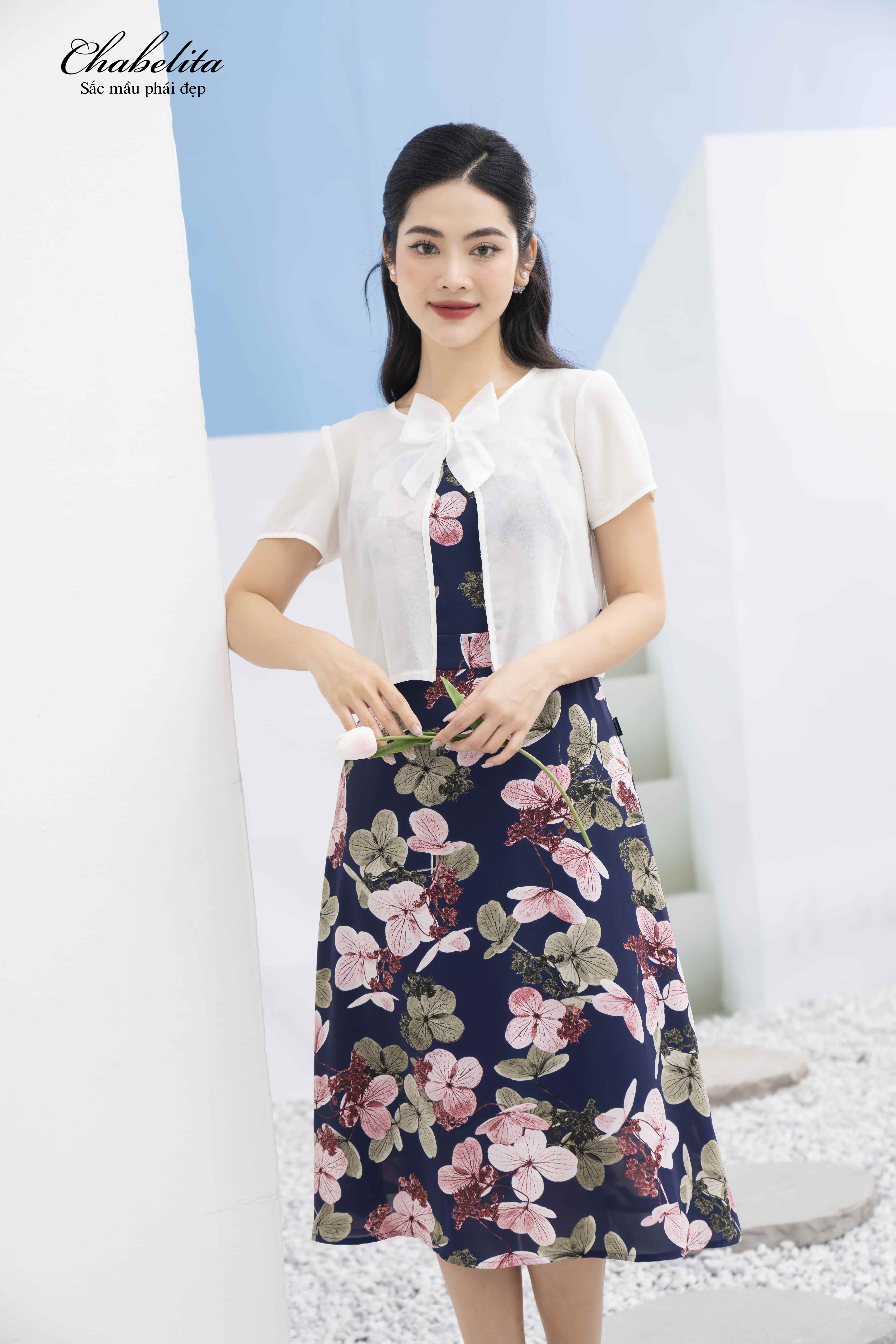 Đầm lụa hoa xanh than