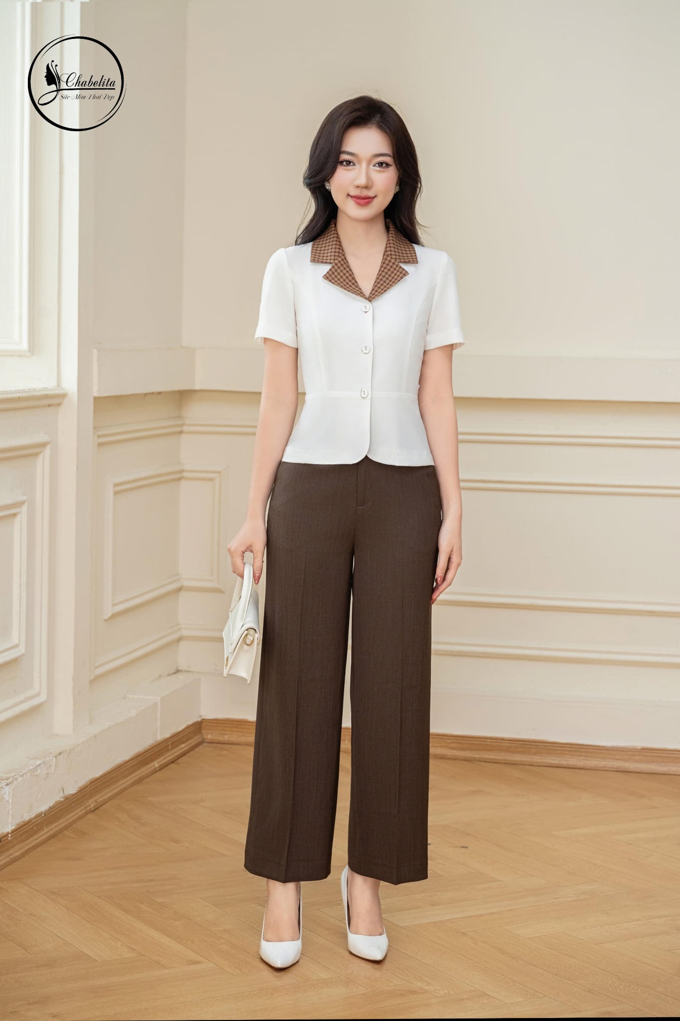 Áo sơ mi tay ngắn cổ vest màu trắng