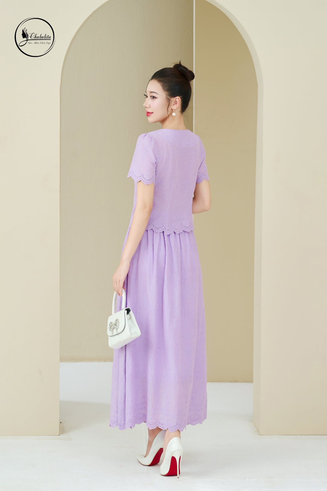 Sét bộ ren áo phối chân xòe màu tím