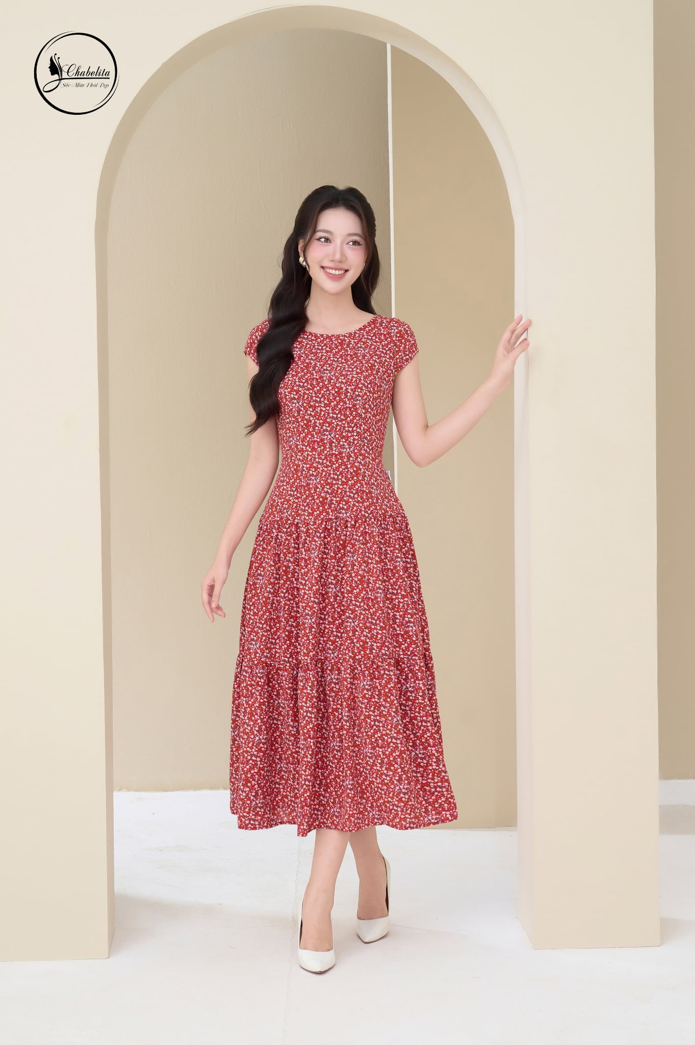 Đầm hoa nhí 3 tầng sát nách màu đỏ