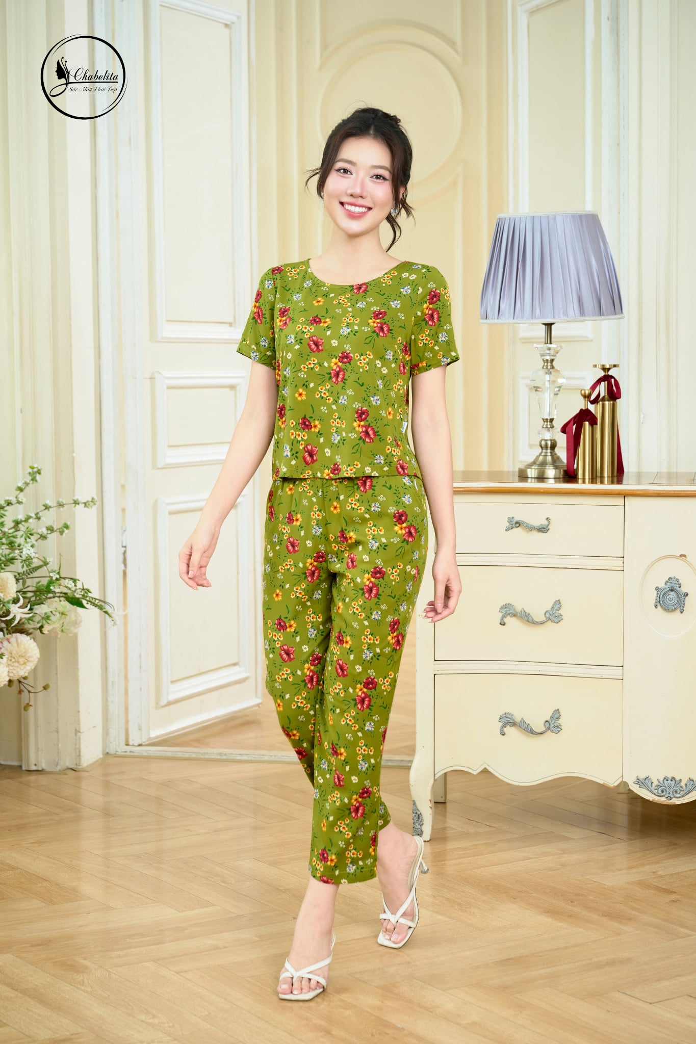 Sét bộ áo cộc tay cổ tròn hoa cốm