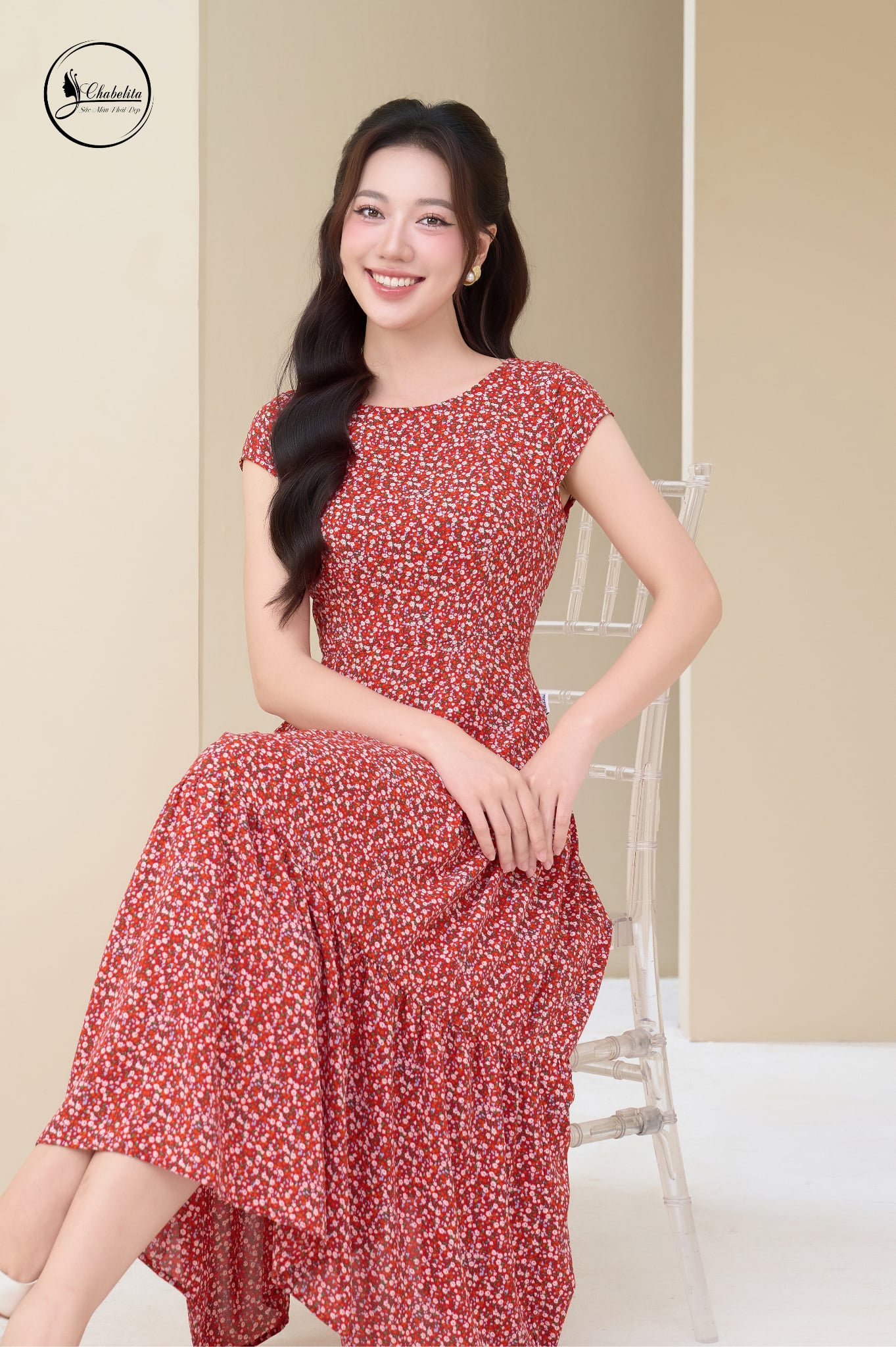 Đầm hoa nhí 3 tầng sát nách màu đỏ