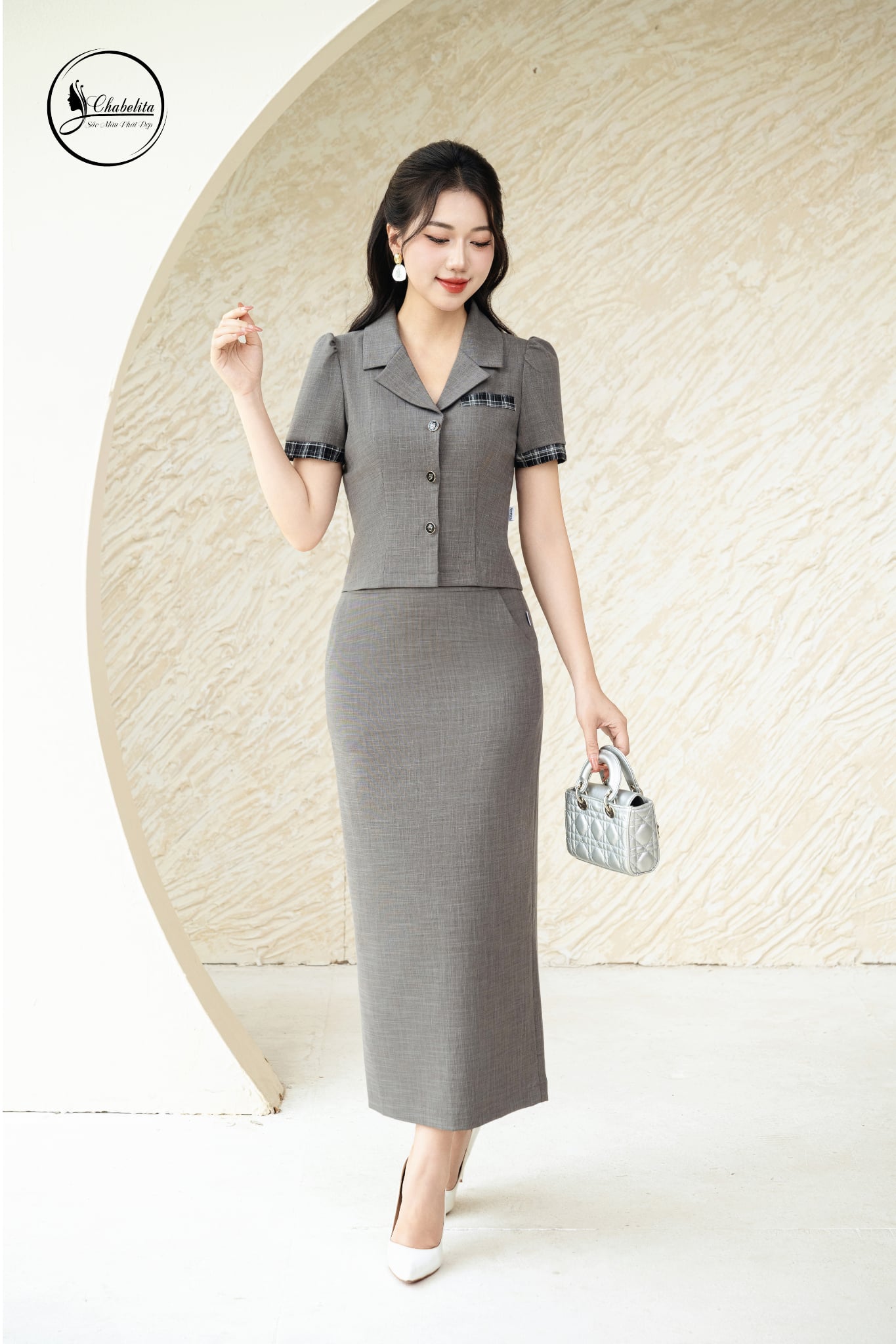 Sét bộ áo cổ bẻ phối chân váy màu ghi đậm