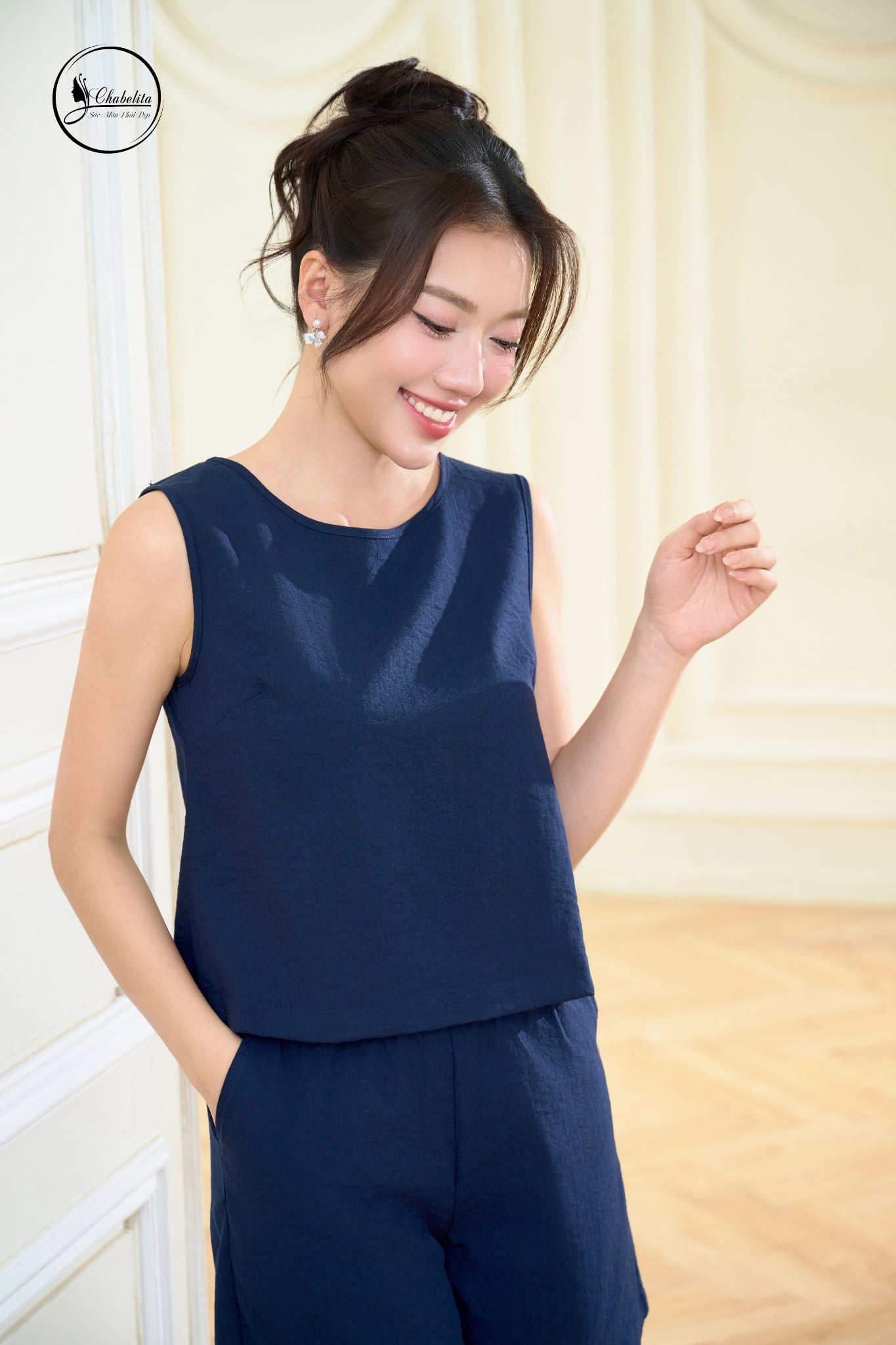 Sét bộ áo sát nách phối quần short màu xanh than