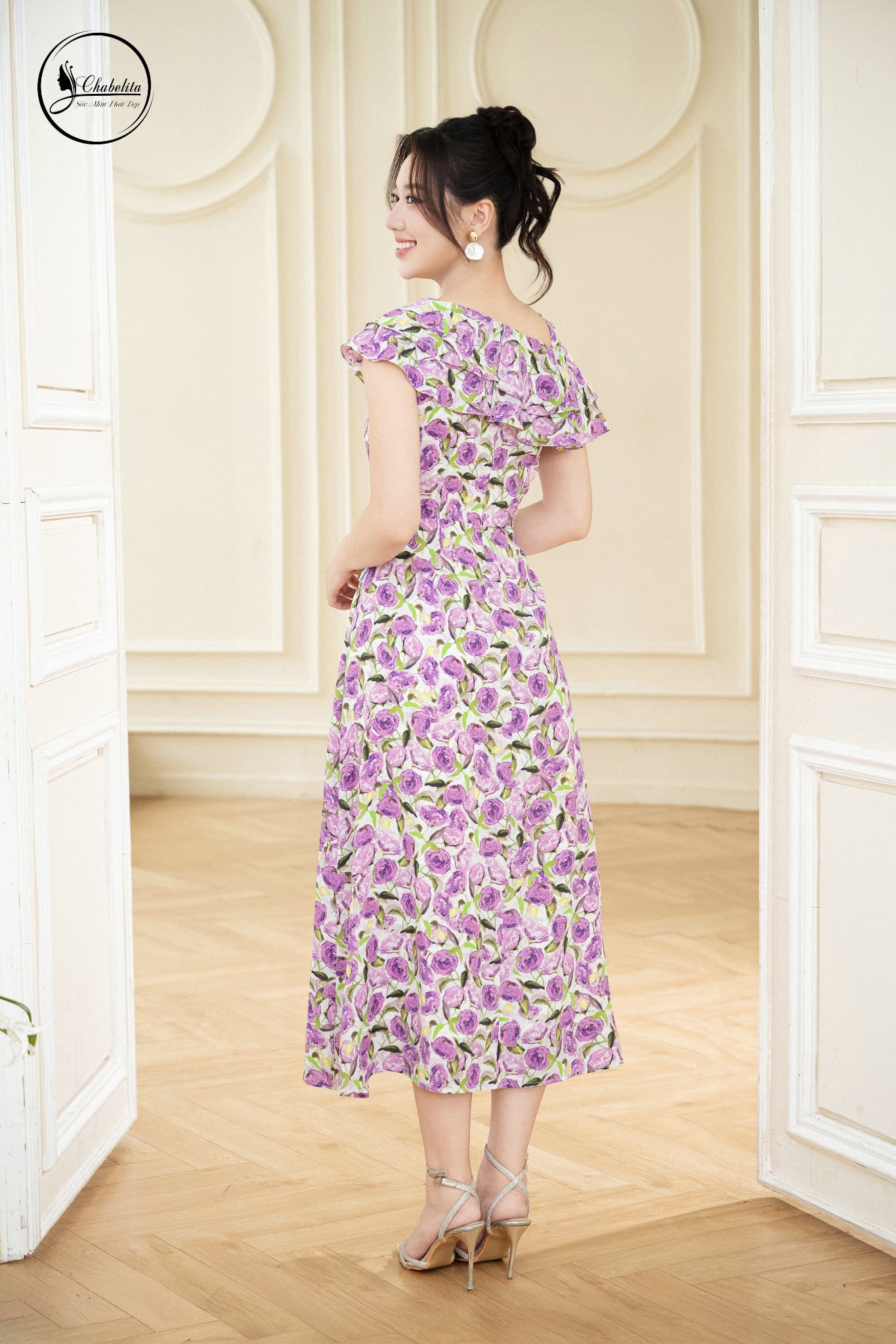 Đầm sát nách cổ tròn phối bèo hoa tím