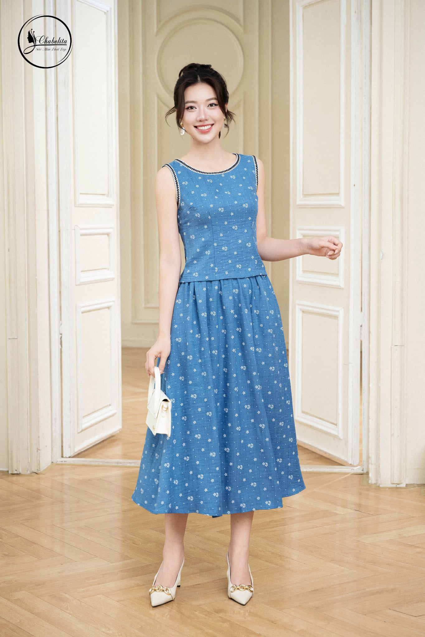 Sét bộ áo sát nách cổ tròn phối viền màu xanh