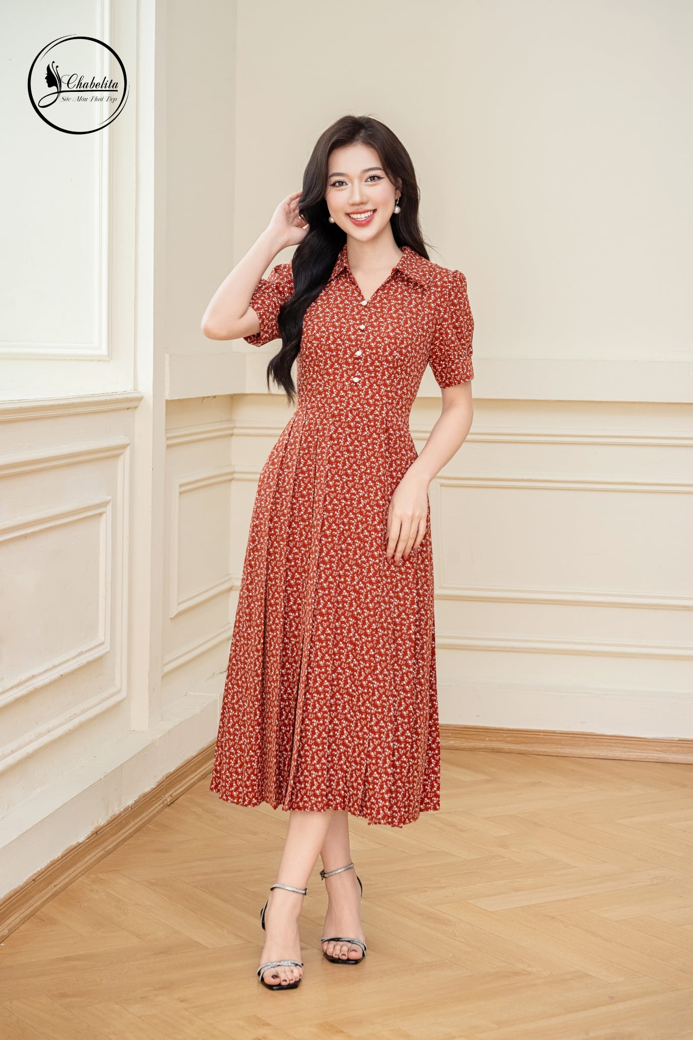 Đầm hoa cổ bẻ màu cam