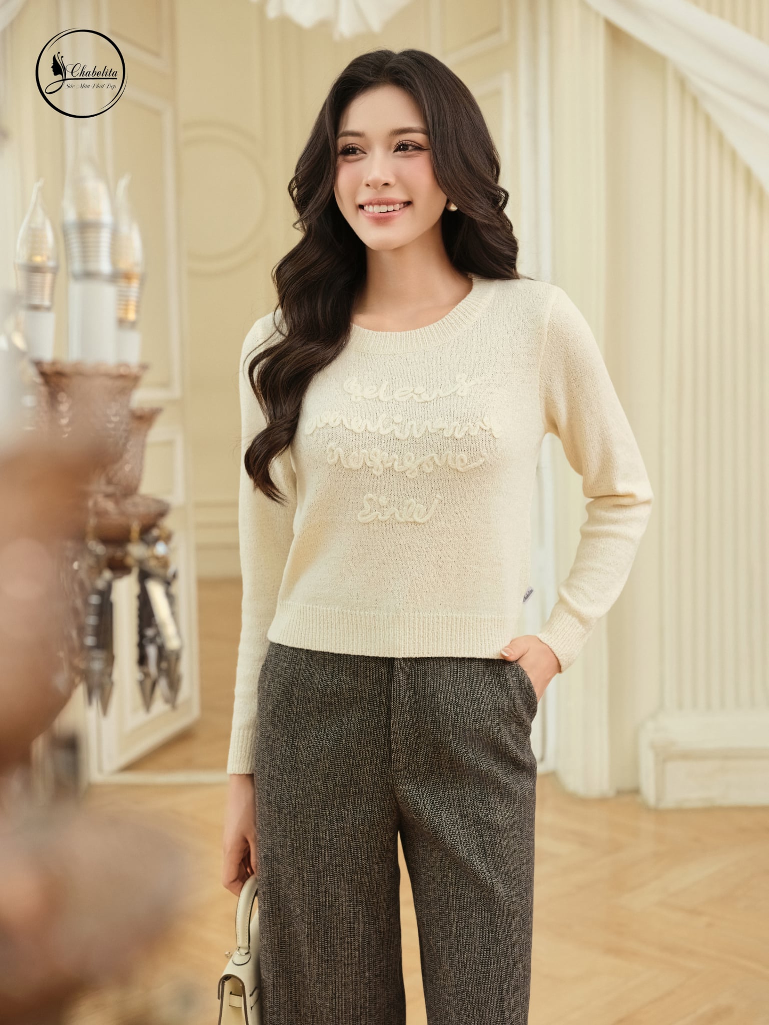 Áo len tay dài cloptop màu be