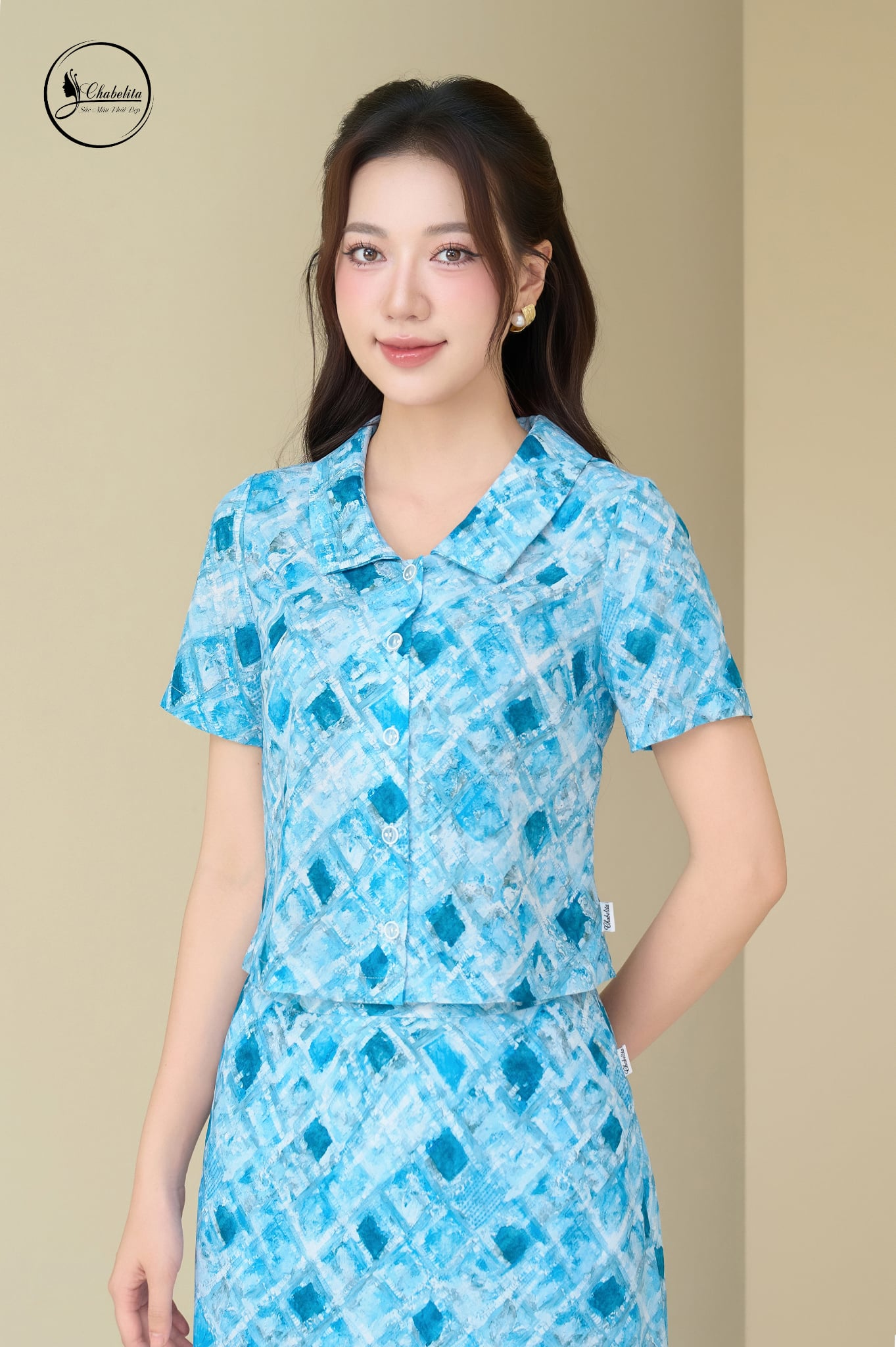 Sét bộ hoa áo sơ mi phối chân váy màu xanh