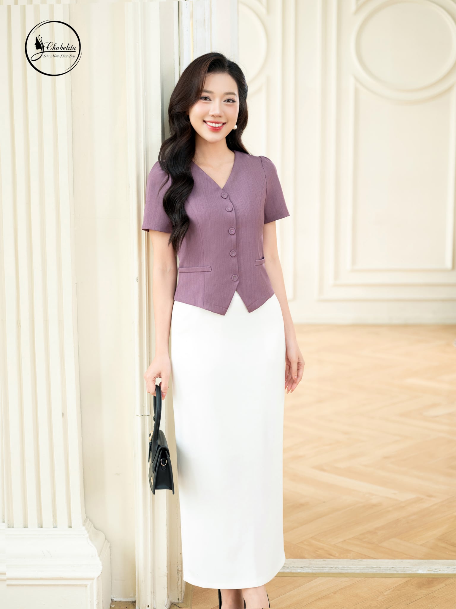 Áo sơ mi cổ tim màu tím