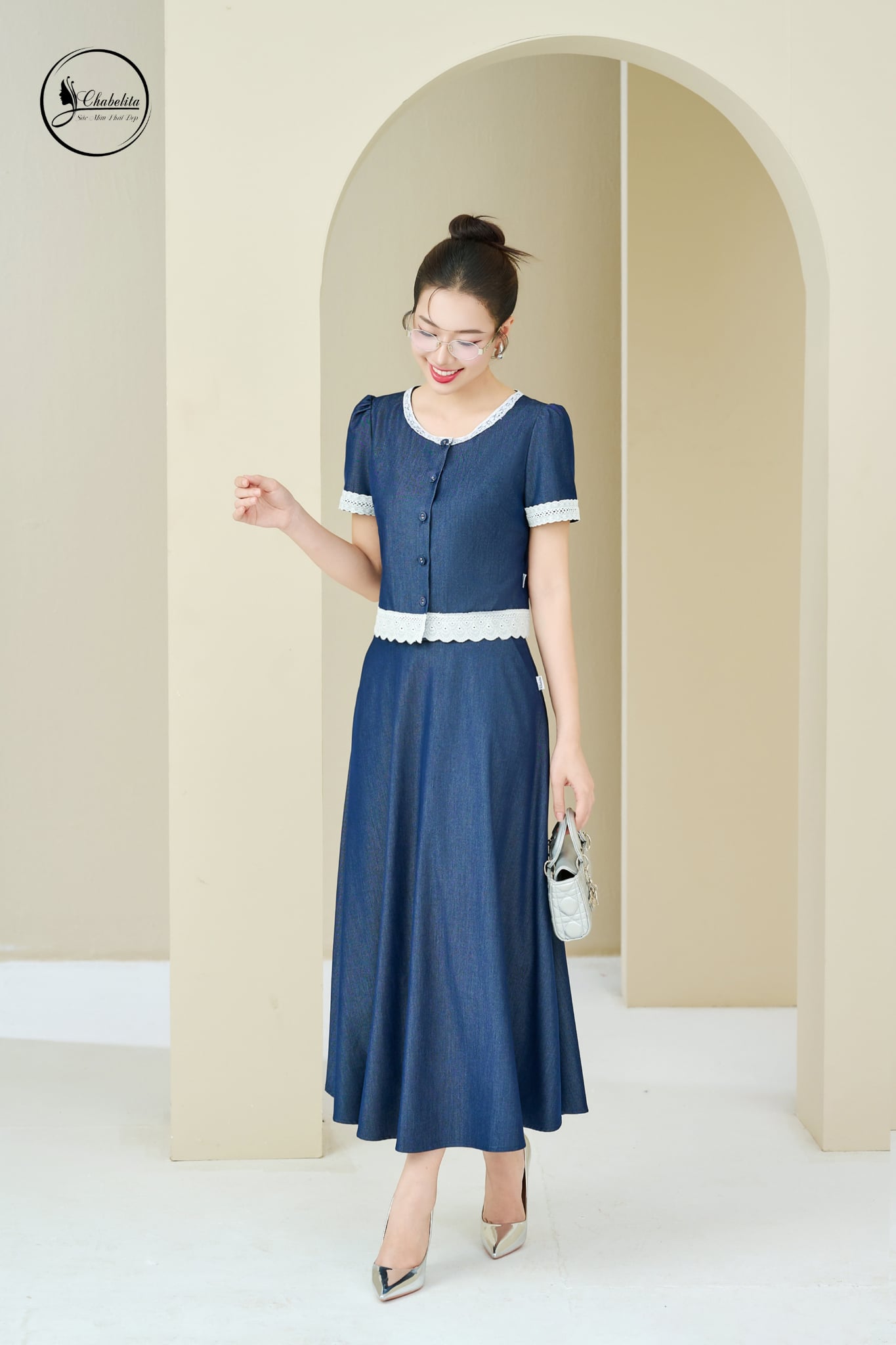 Sét bộ bò áo cổ tròn tay lỡ phối chân váy màu xanh than